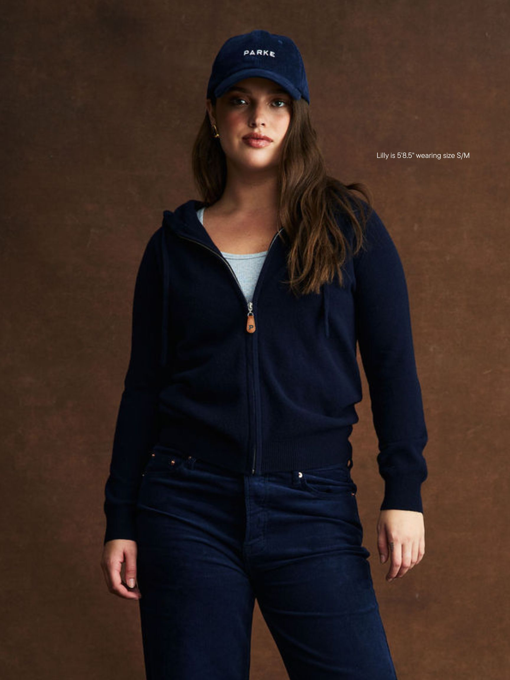 girl wearing Zip Up Sweater -navy