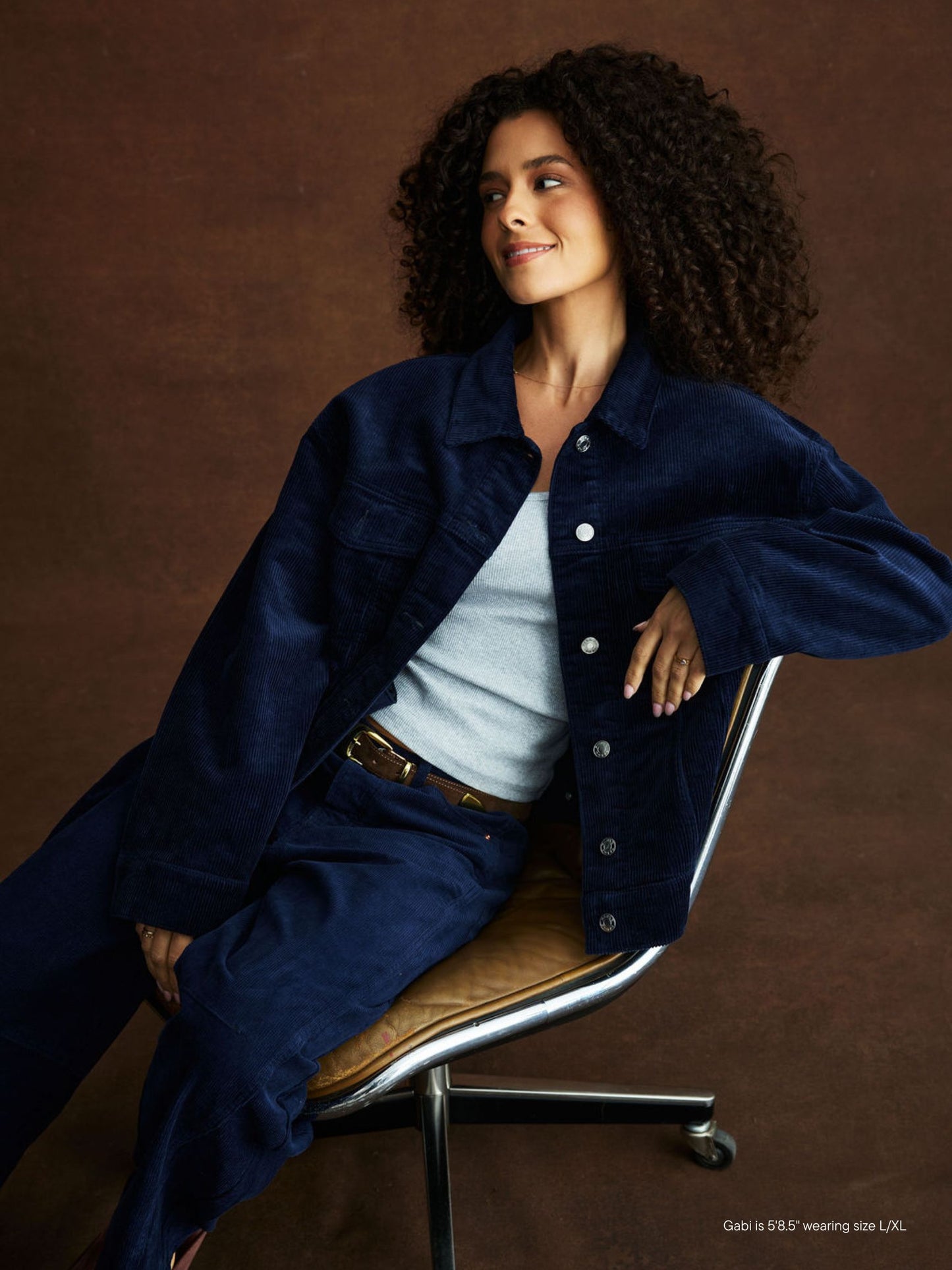 girl wearing Oversized Corduroy Jacket -navy corduroy