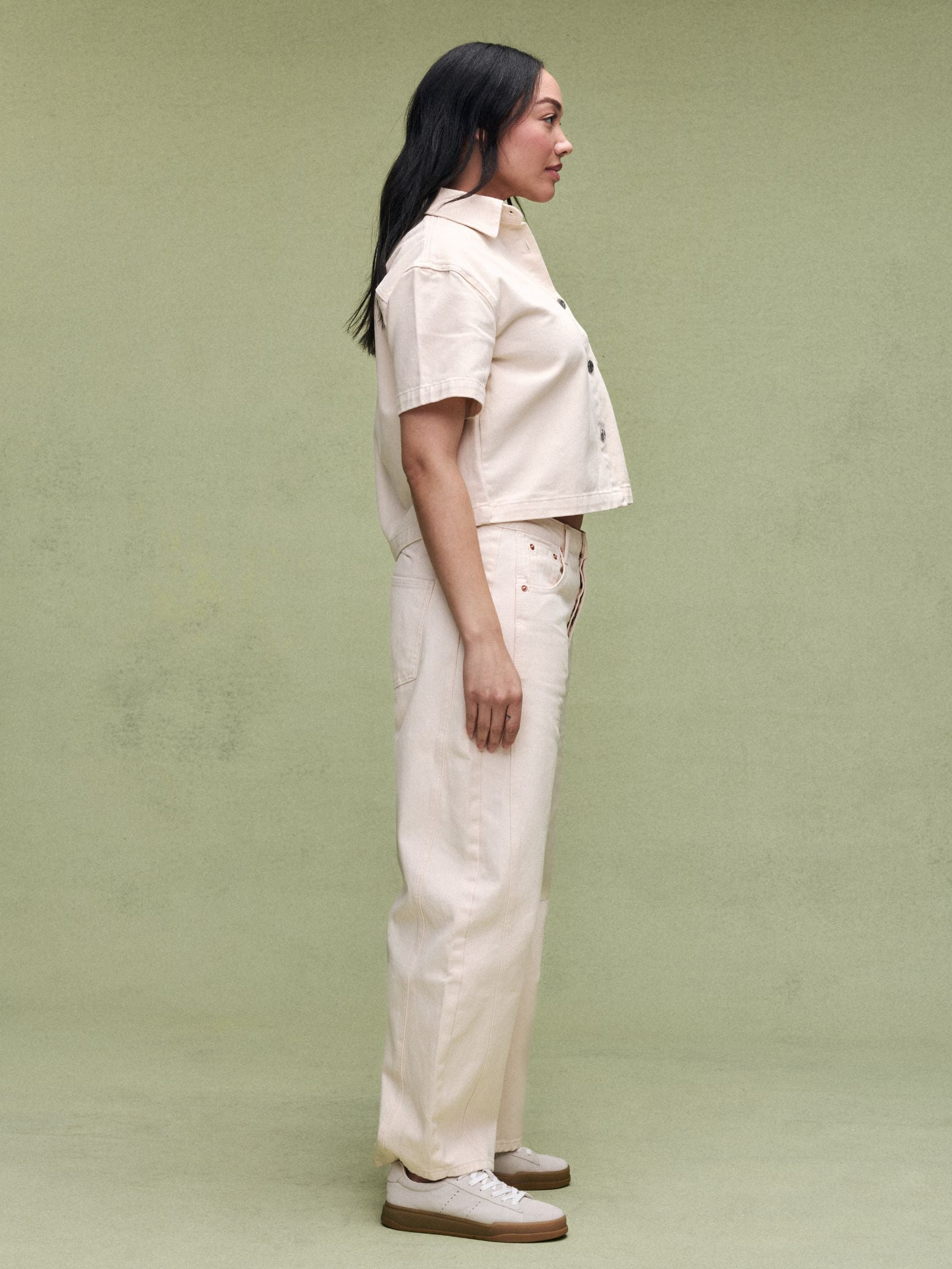 Cropped Short Sleeve Denim Shirt - Cream