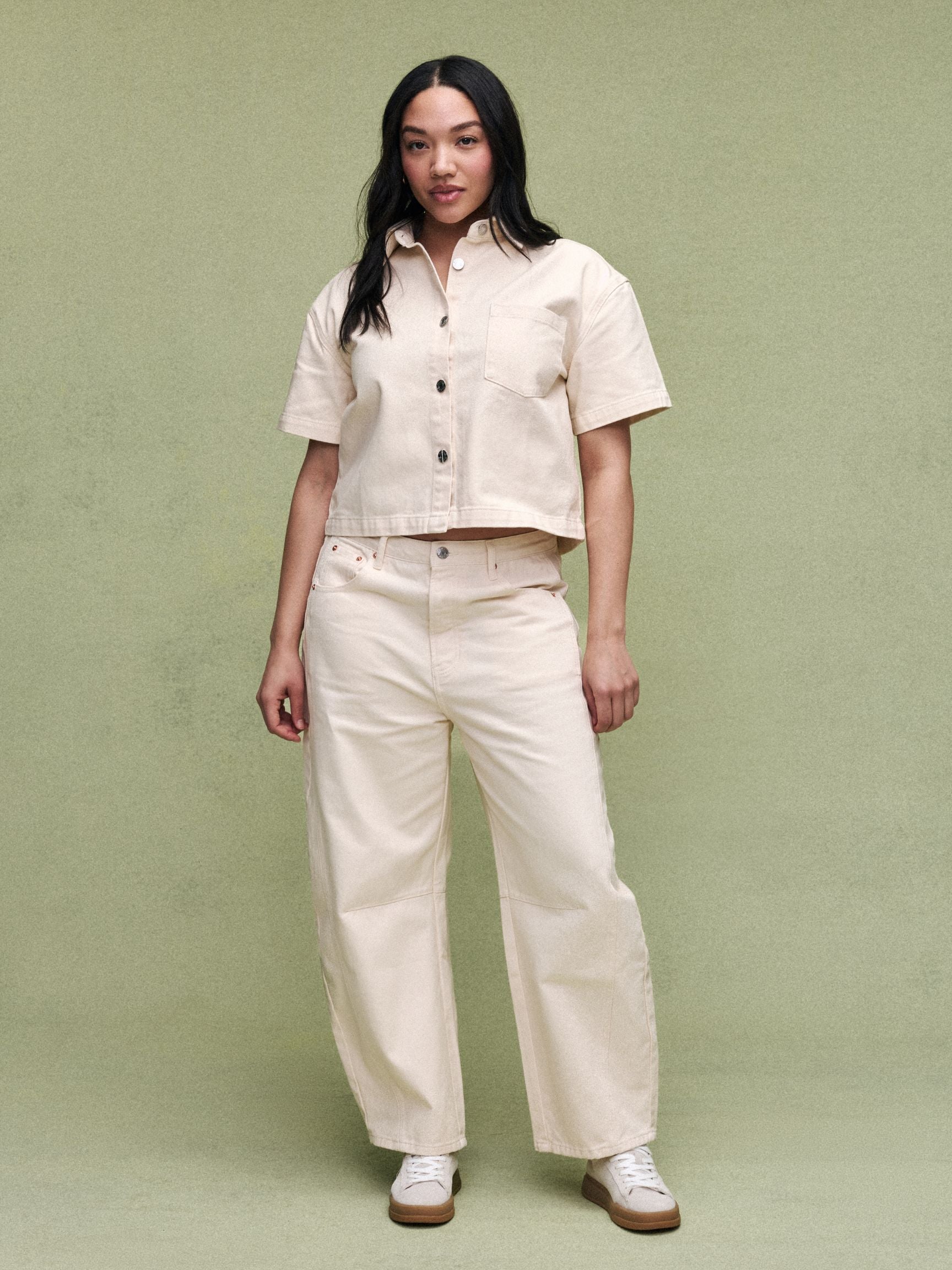 Cropped Short Sleeve Denim Shirt - Cream