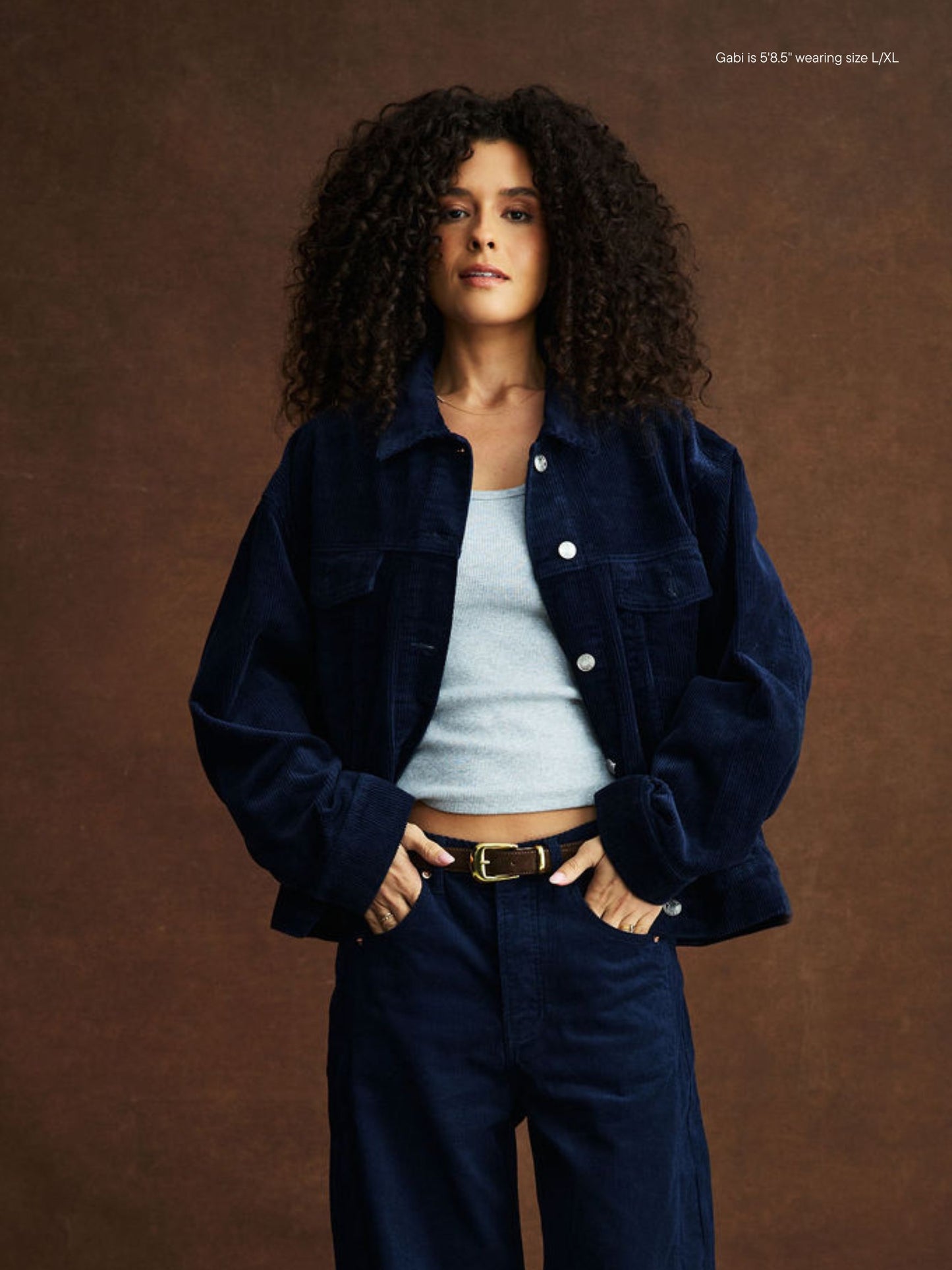 girl wearing Oversized Corduroy Jacket -navy corduroy