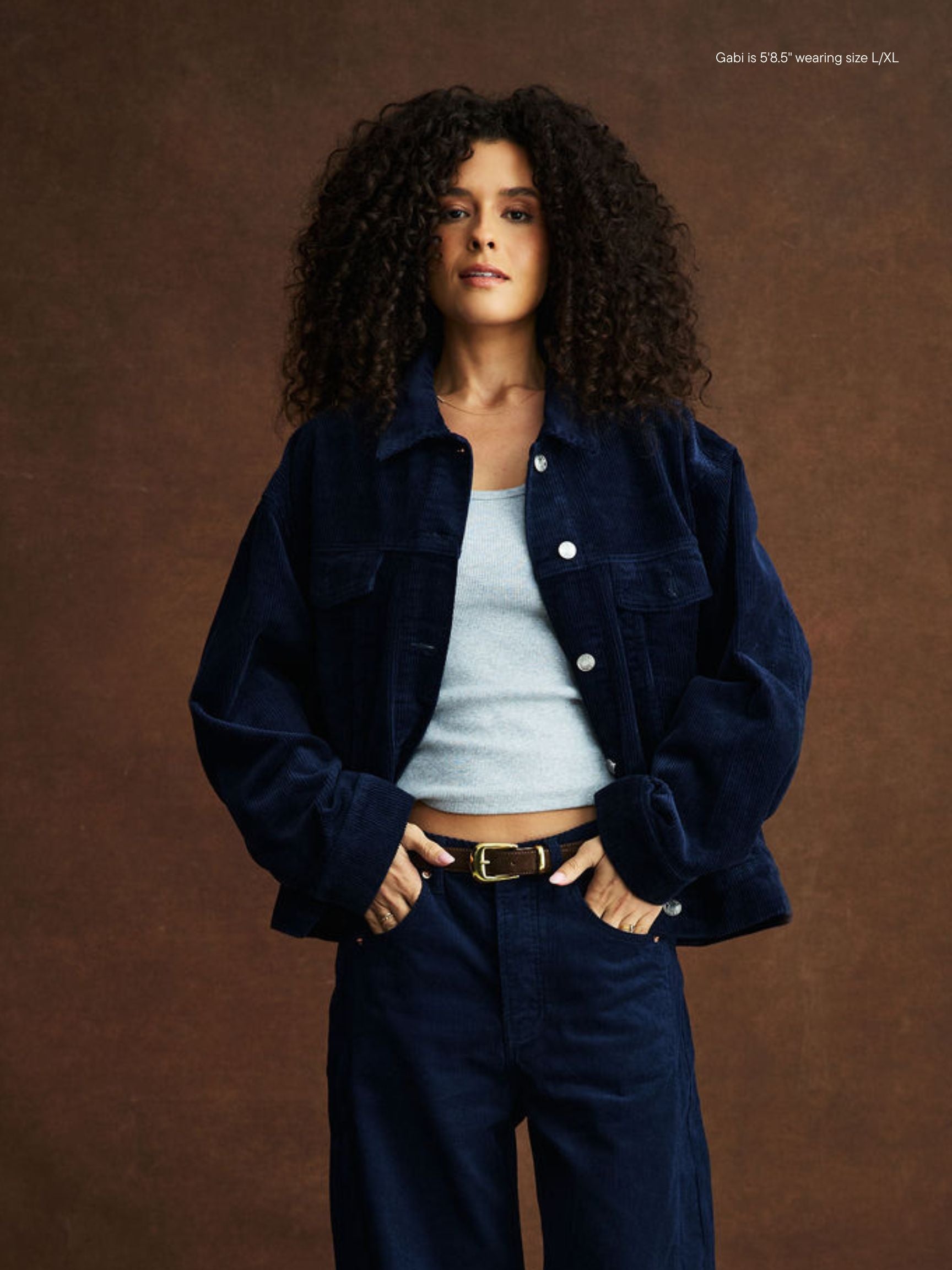 girl wearing Oversized Corduroy Jacket -navy corduroy