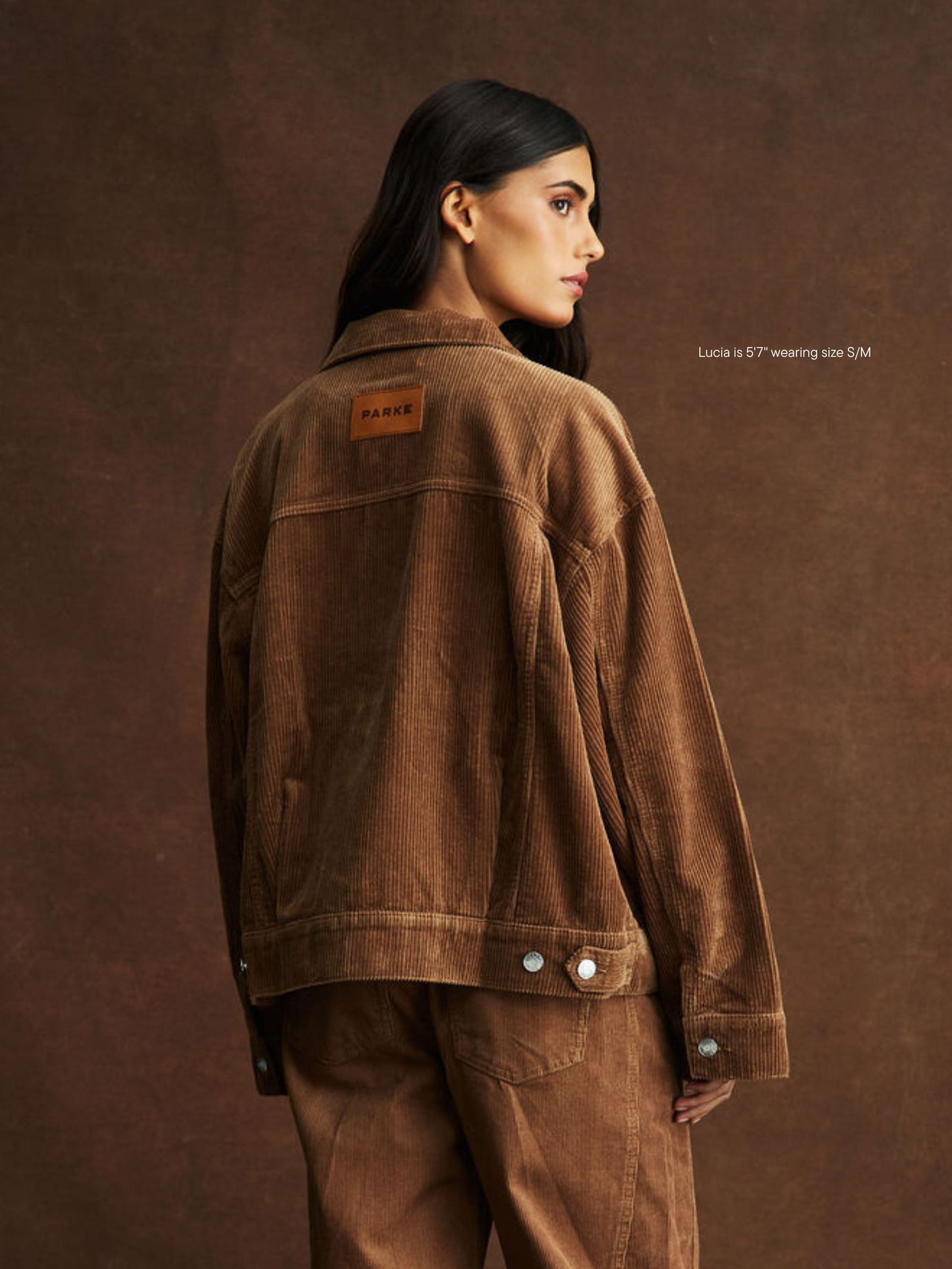 girl wearing Oversized Corduroy Jacket -caramel corduroy