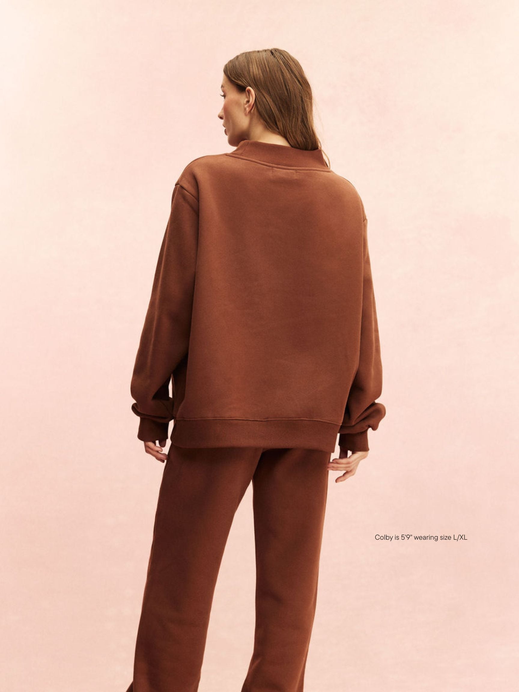 girl wearing Monochrome Varsity Mockneck -mocha