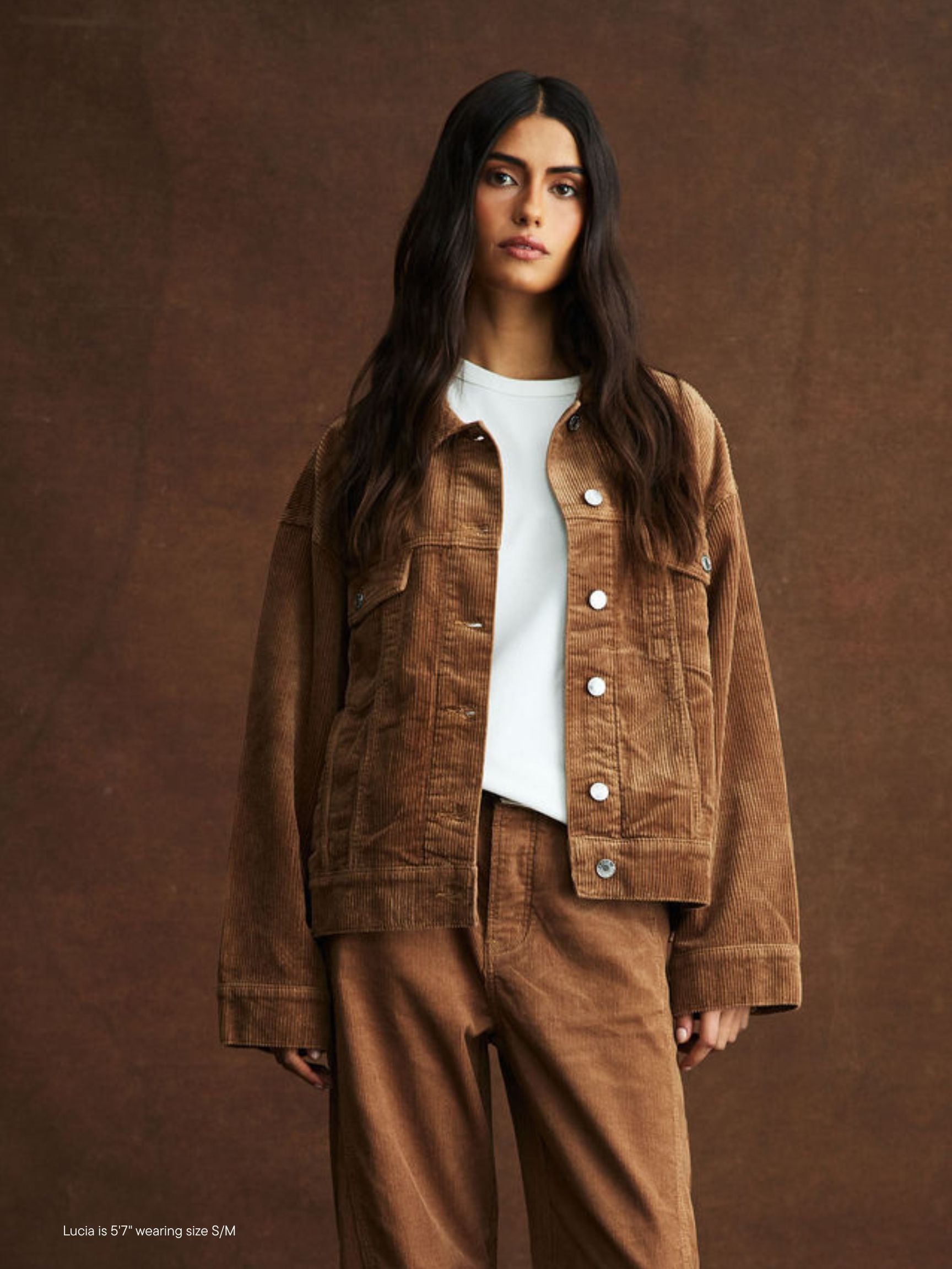 girl wearing Oversized Corduroy Jacket -caramel corduroy