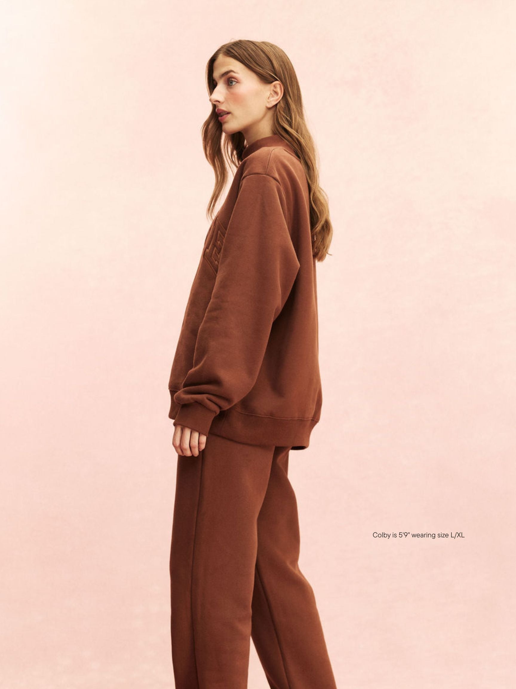 girl wearing Monochrome Varsity Mockneck -mocha