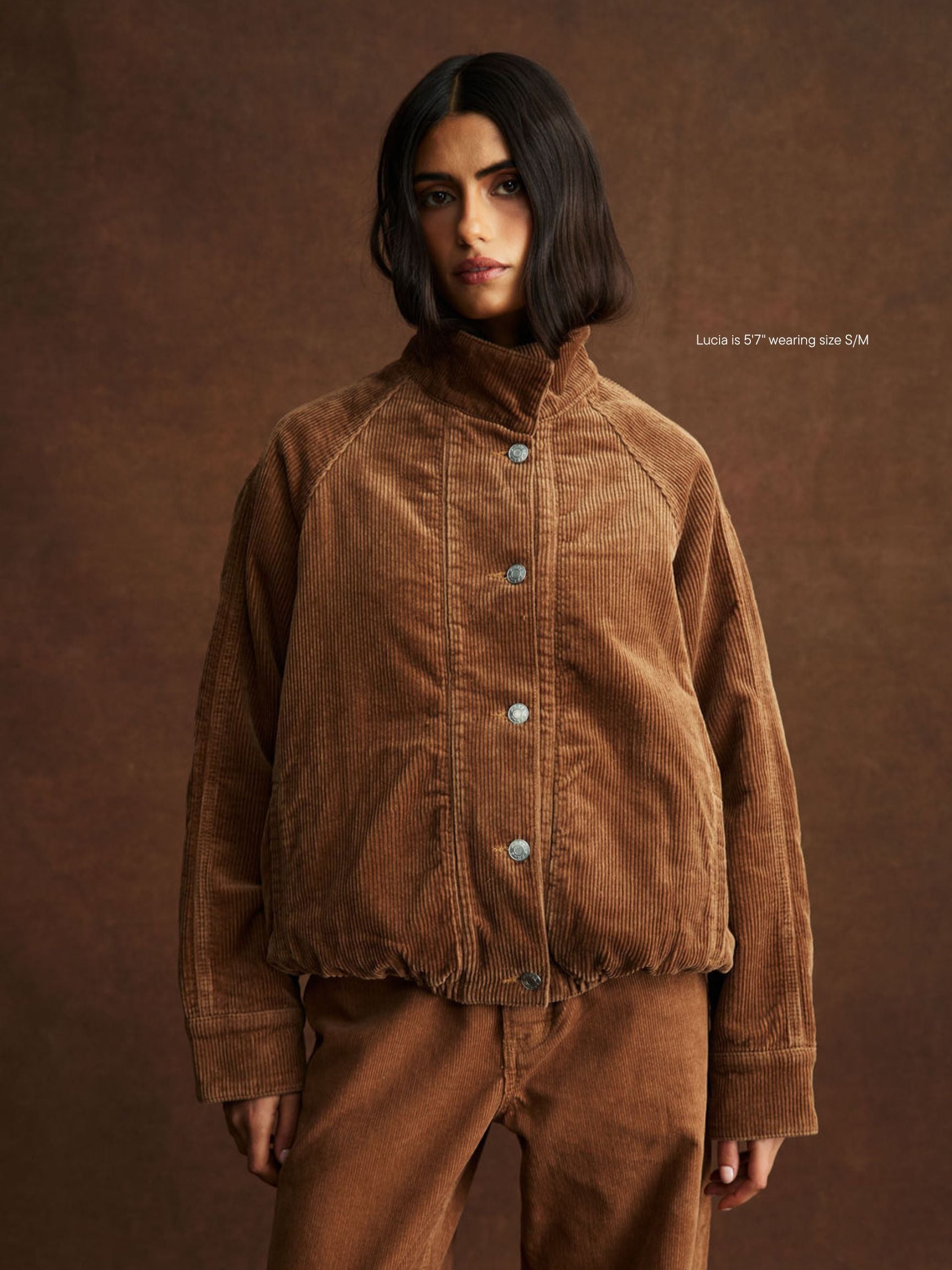 girl wearing Corduroy Lined Bomber Jacket -caramel corduroy