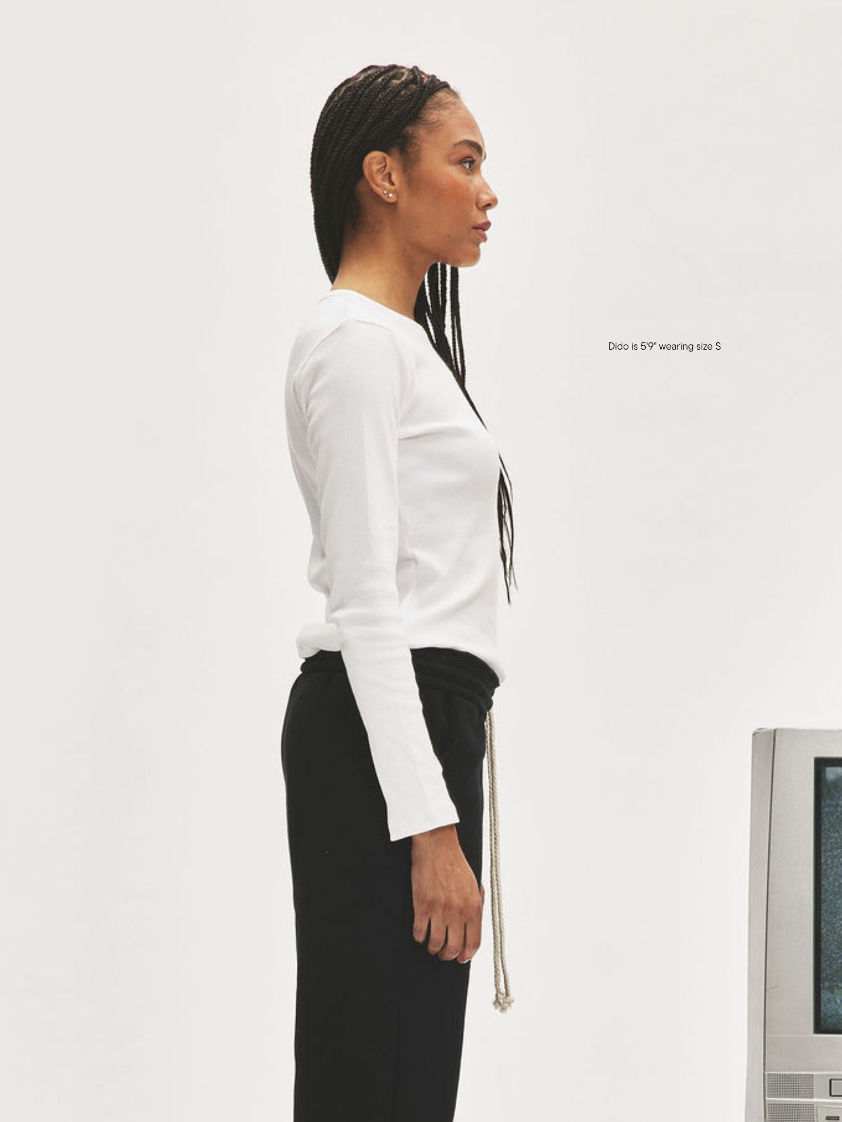 girl wearing Ribbed Long Sleeve T-Shirt -white