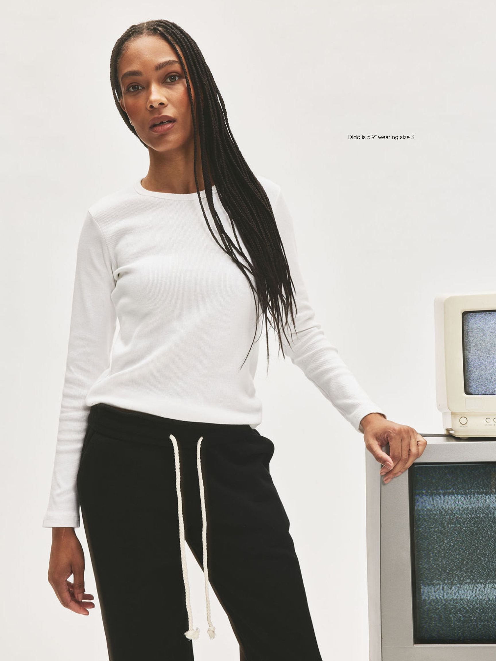 girl wearing Ribbed Long Sleeve T-Shirt -white