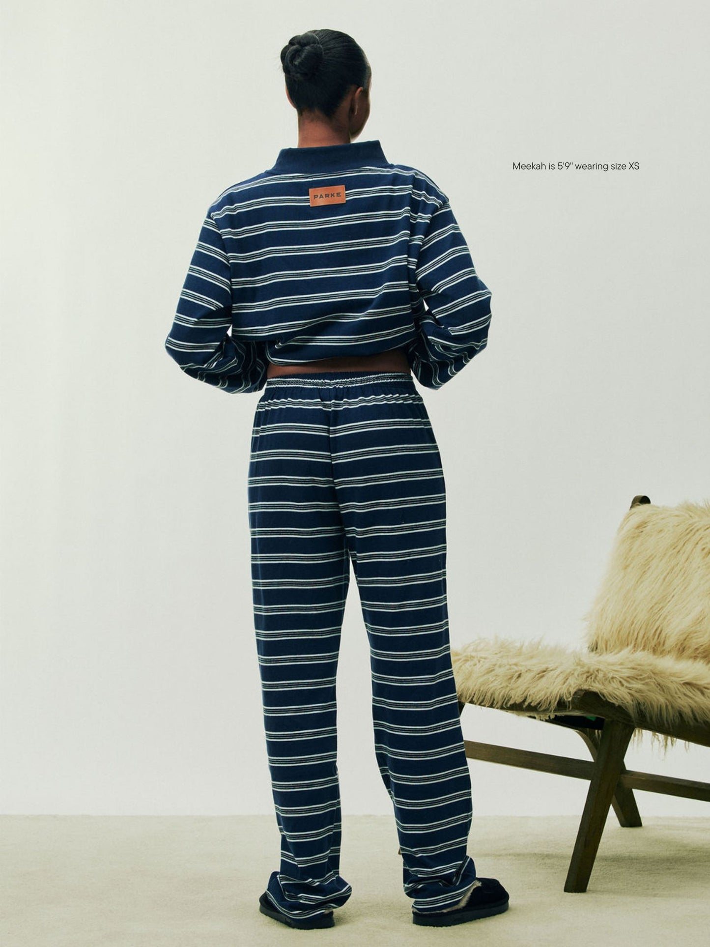 girl wearing Holiday Striped Striped Cotton Boxer Pant -snowflake stripe