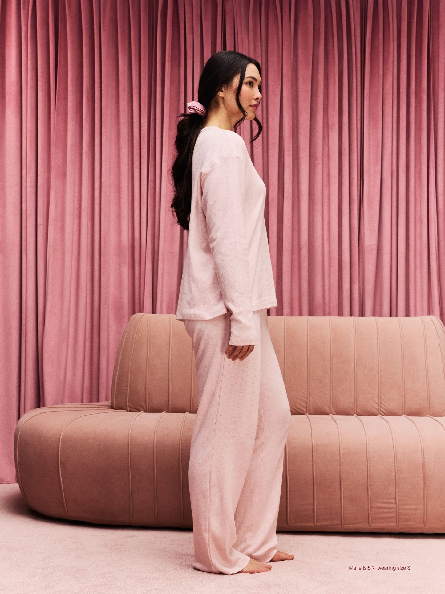 girl wearing Heart Pointelle Boxer Pants -peony