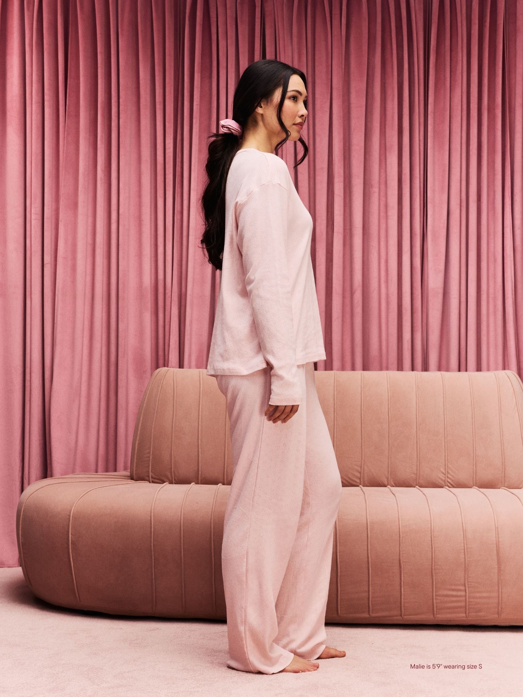 girl wearing Heart Pointelle Boxer Pants -peony