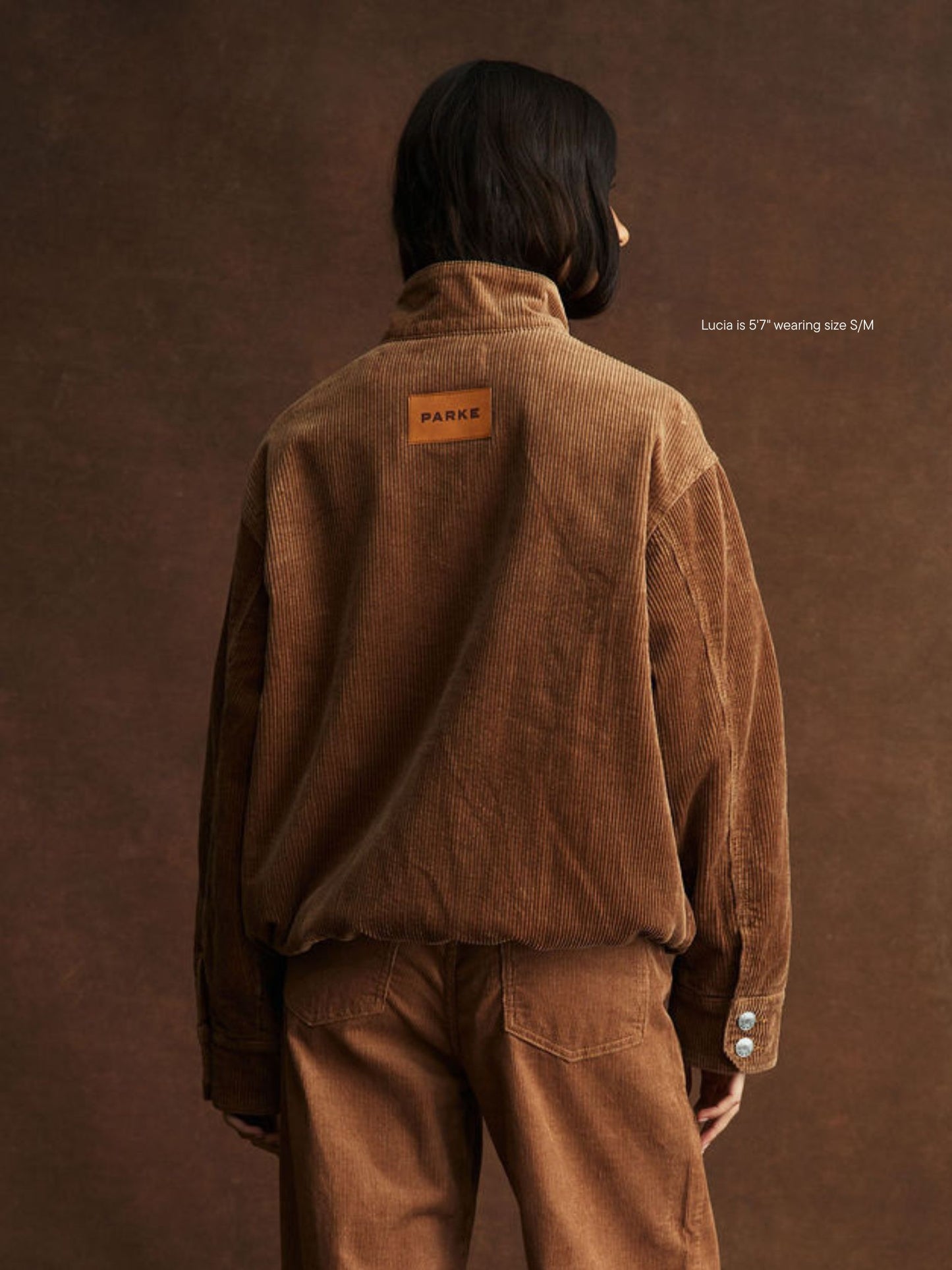 girl wearing Corduroy Lined Bomber Jacket -caramel corduroy