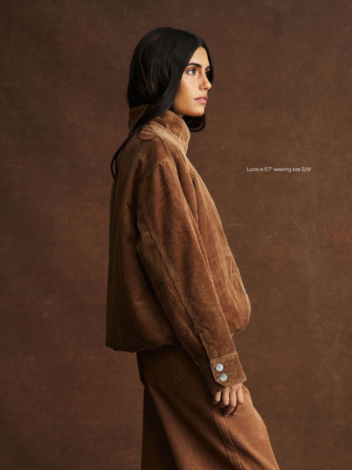 girl wearing Corduroy Lined Bomber Jacket -caramel corduroy