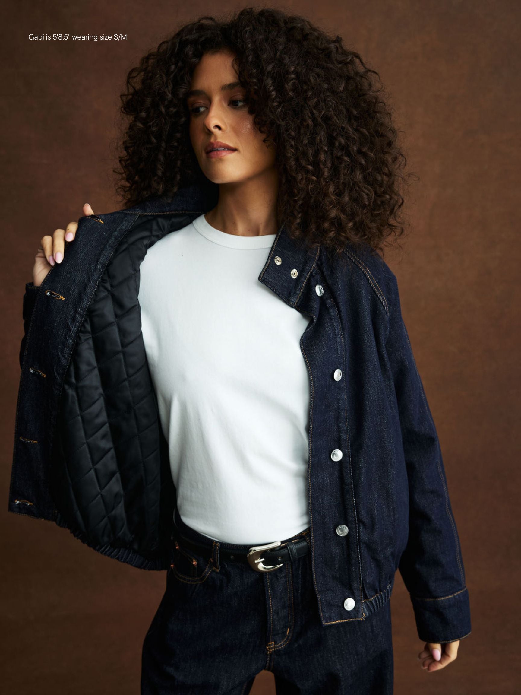 girl wearing Lined Denim Bomber Jacket -dark wash