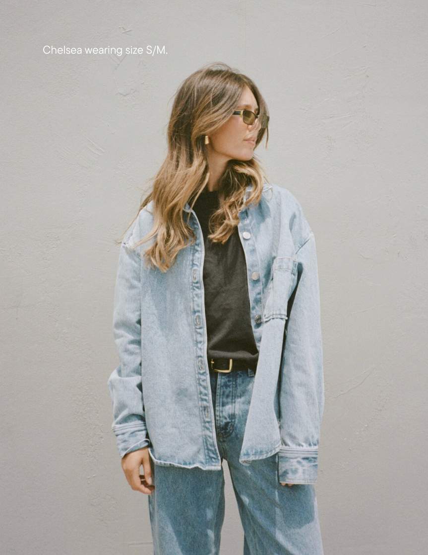 girl wearing aureum x parke shacket -vintage wash