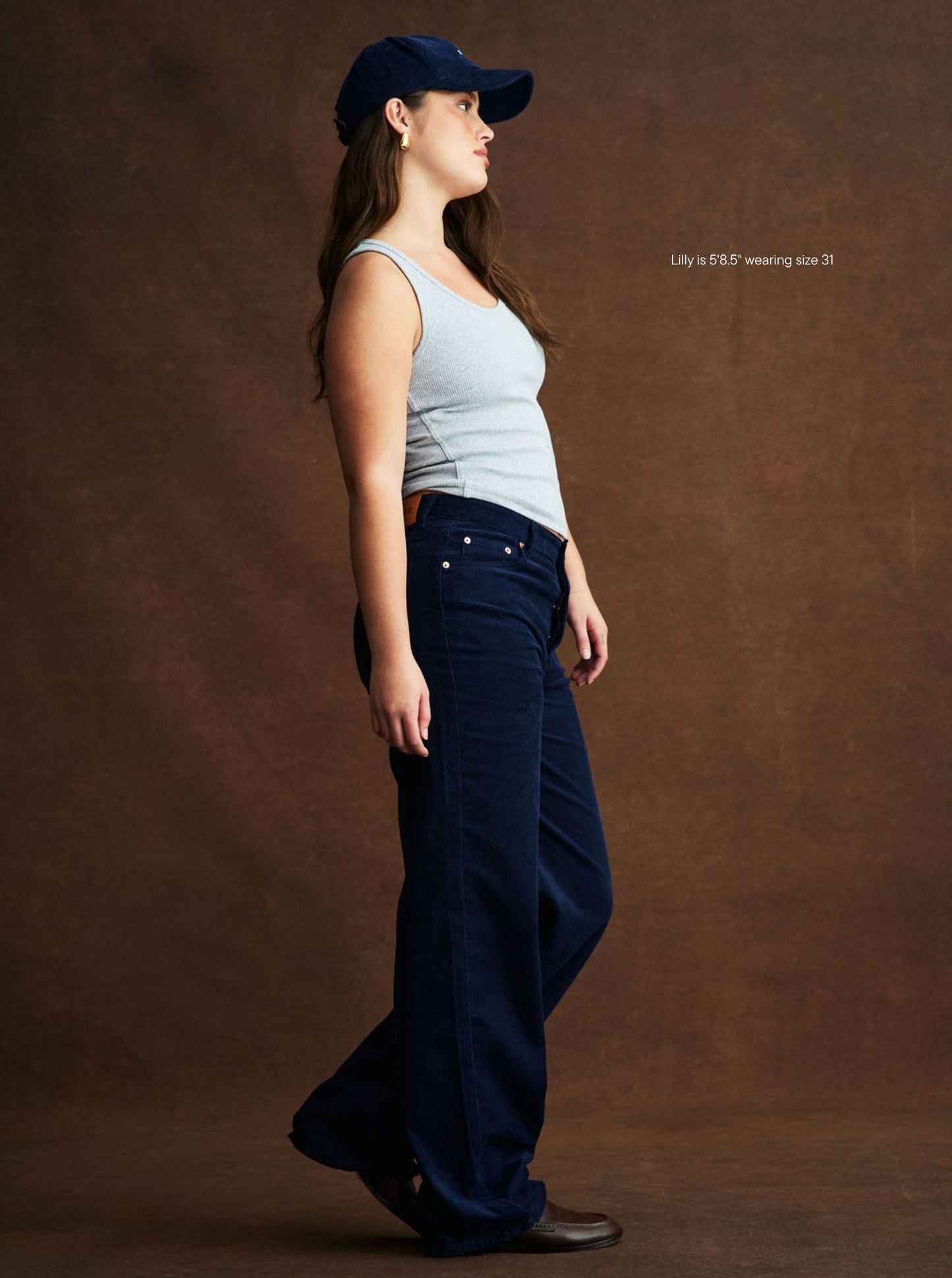 girl wearing Classic Straight Pants -navy corduroy