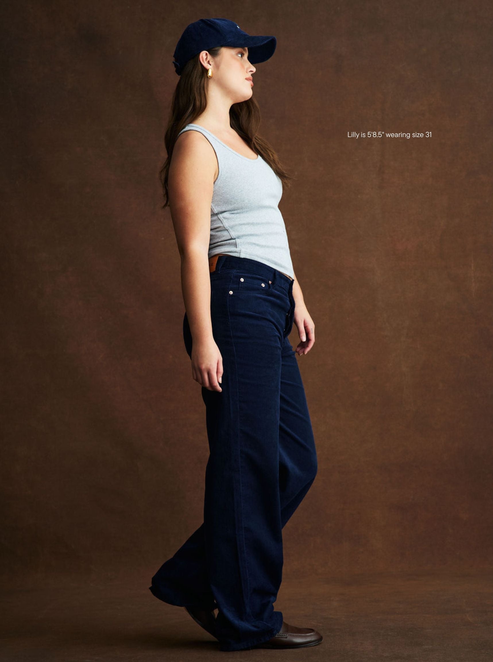 girl wearing Classic Straight Pants -navy corduroy