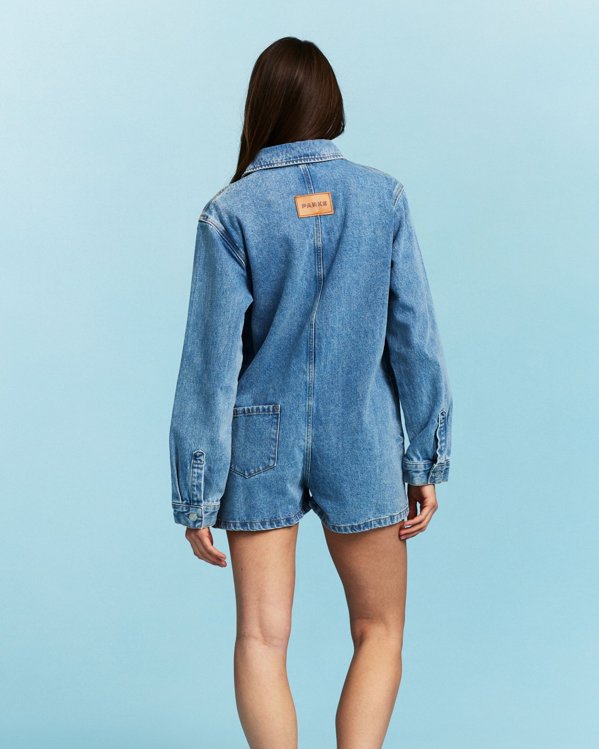 Long Sleeve Denim Romper - Vintage Wash