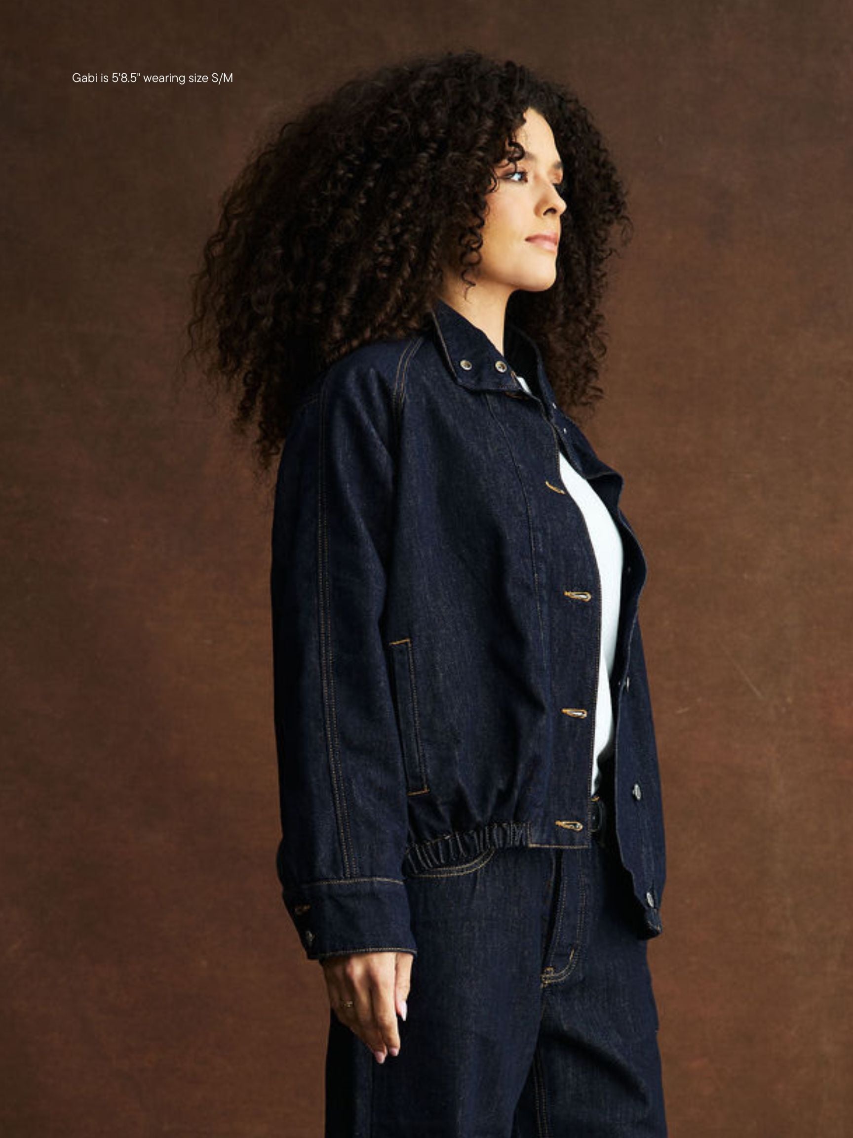 girl wearing Lined Denim Bomber Jacket -dark wash