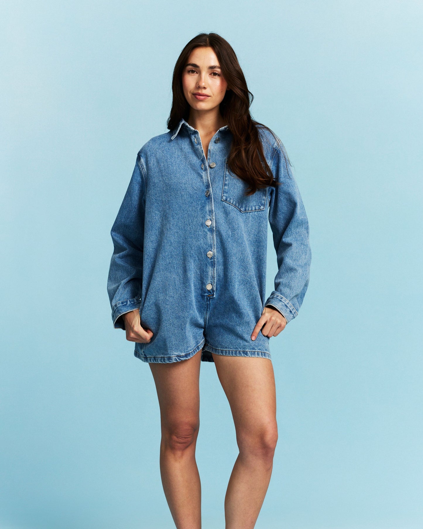 Long Sleeve Denim Romper - Vintage Wash