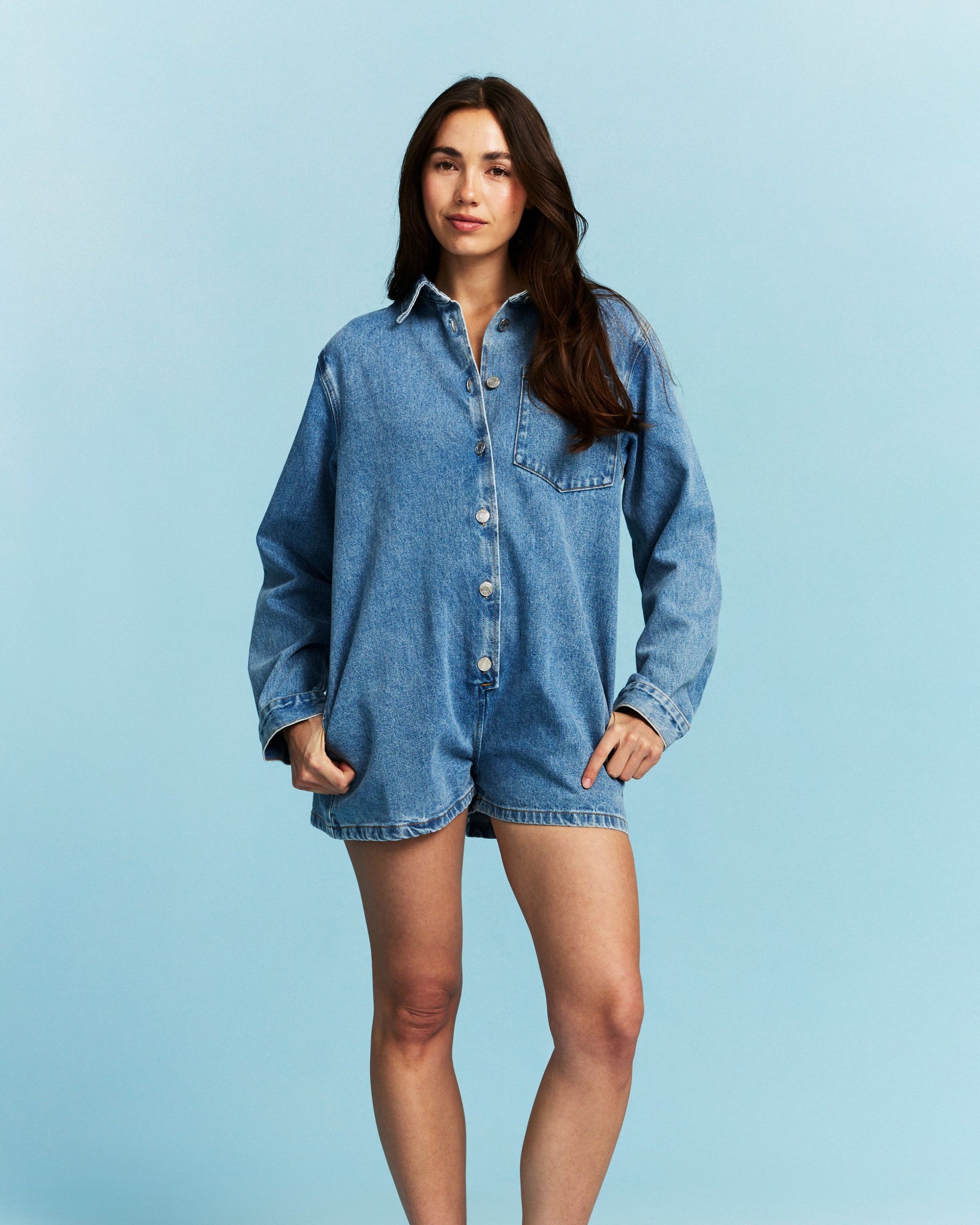 Long Sleeve Denim Romper - Vintage Wash