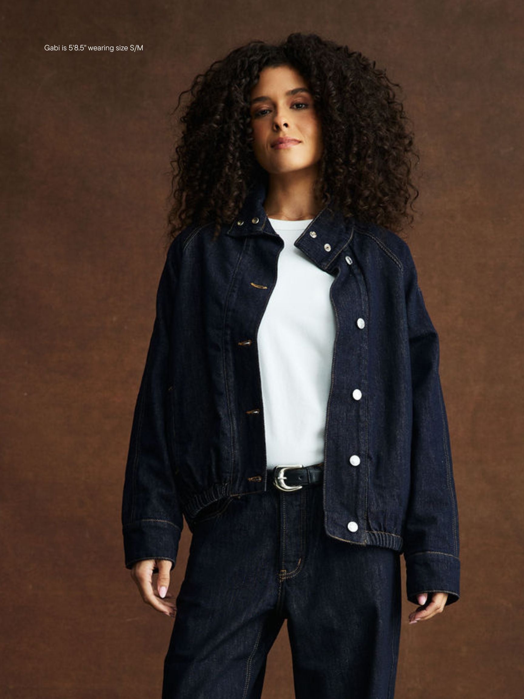 girl wearing Lined Denim Bomber Jacket -dark wash