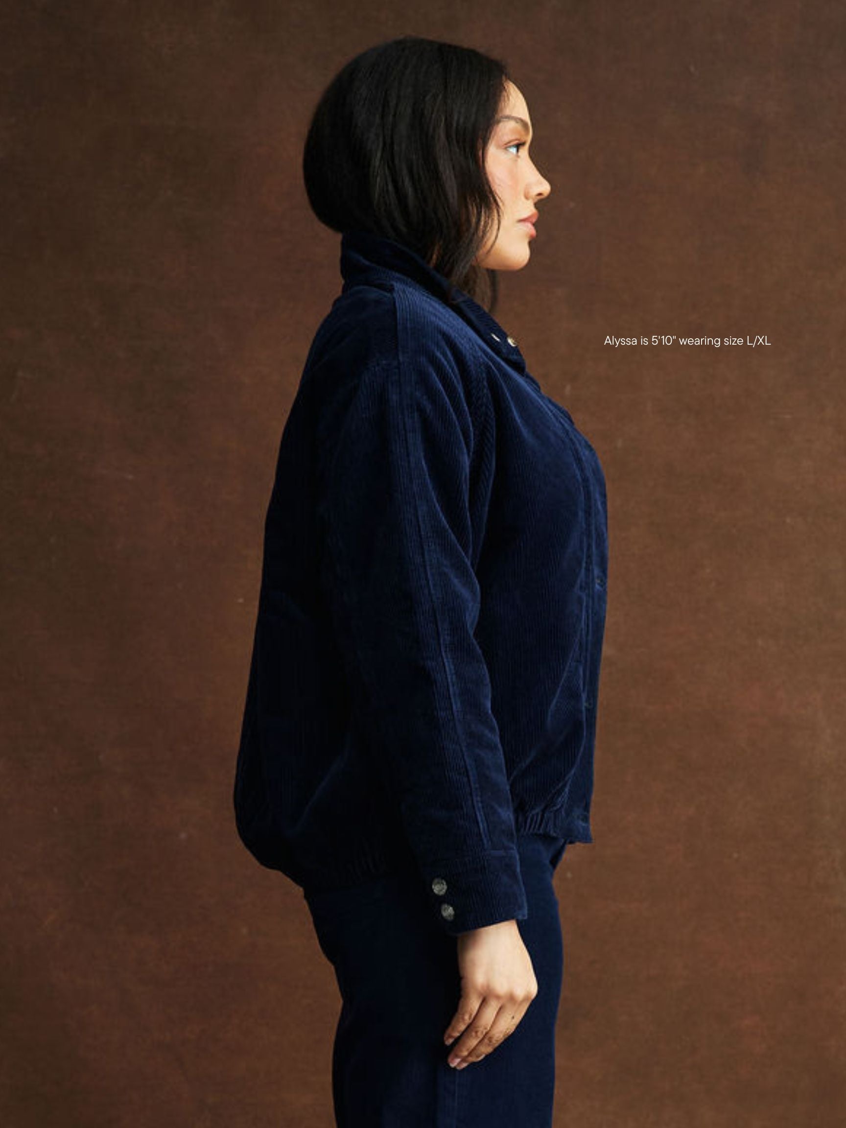 girl wearing Corduroy Lined Bomber Jacket -navy corduroy