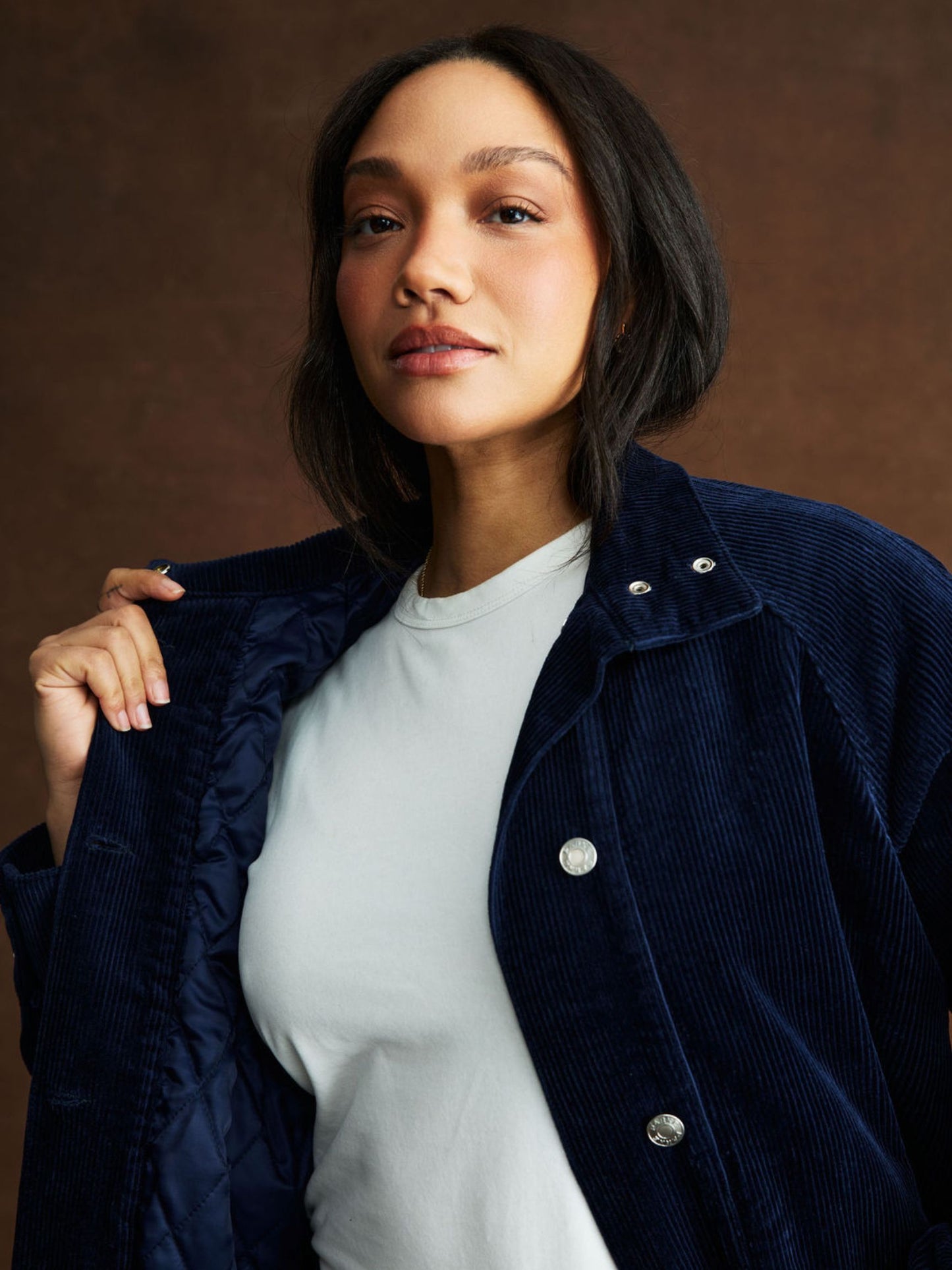 girl wearing Corduroy Lined Bomber Jacket -navy corduroy