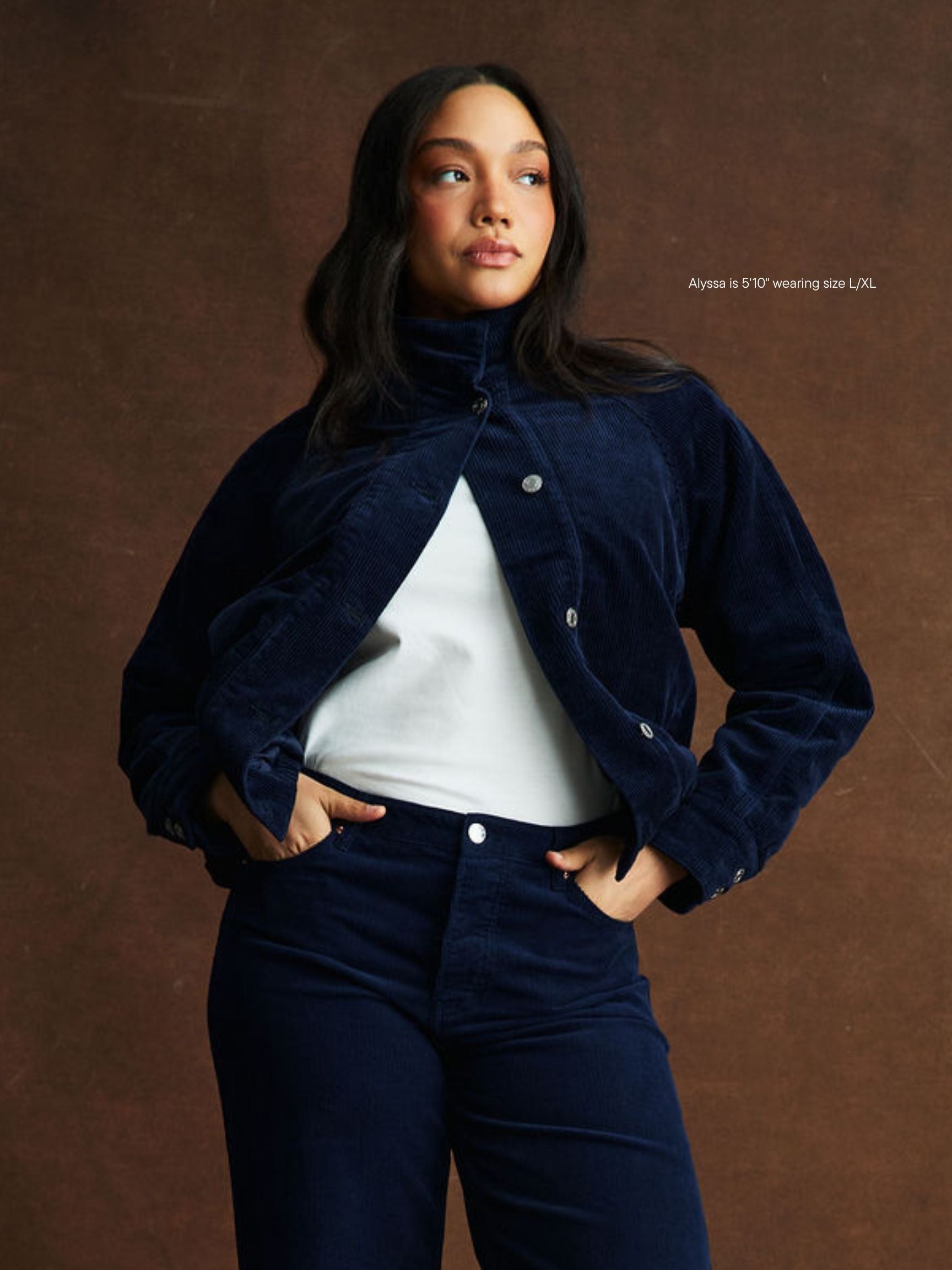 girl wearing Corduroy Lined Bomber Jacket -navy corduroy