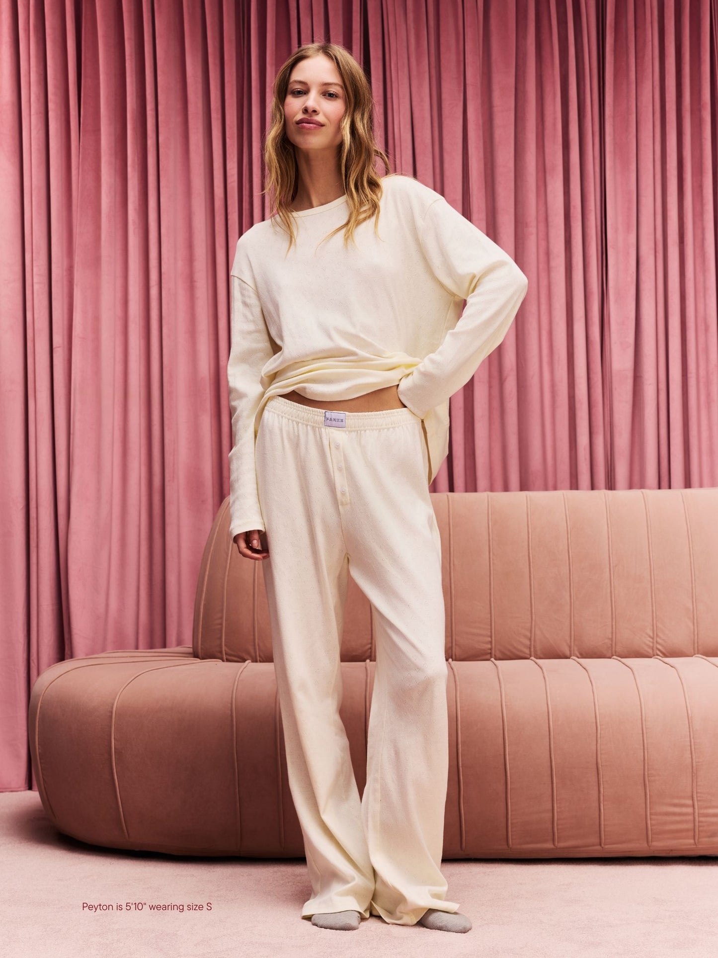 girl wearing Heart Pointelle Boxer Pants -cream