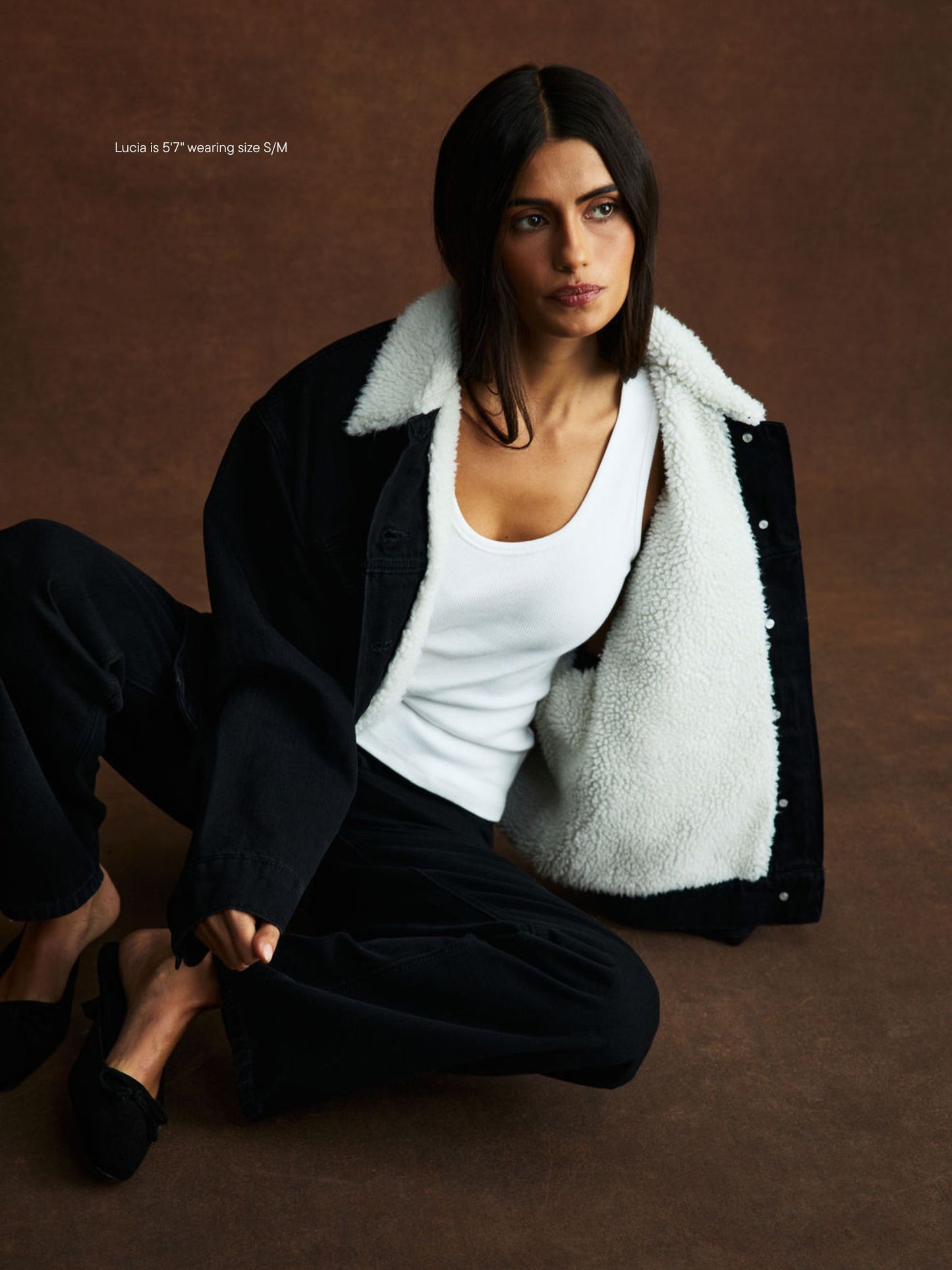 girl wearing Oversized Sherpa Lined Denim Jacket -black