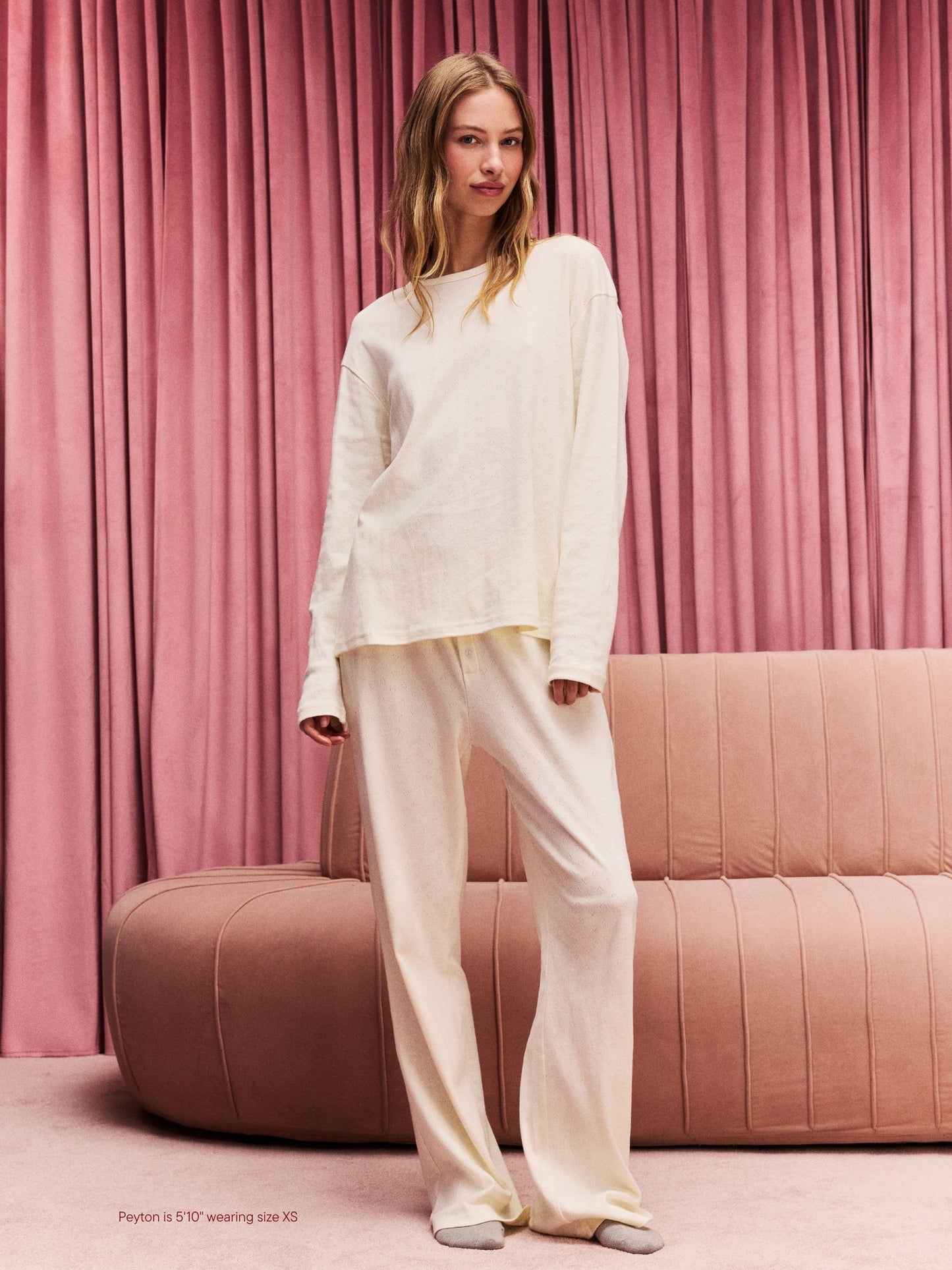 girl wearing Heart Pointelle Long Sleeve -cream