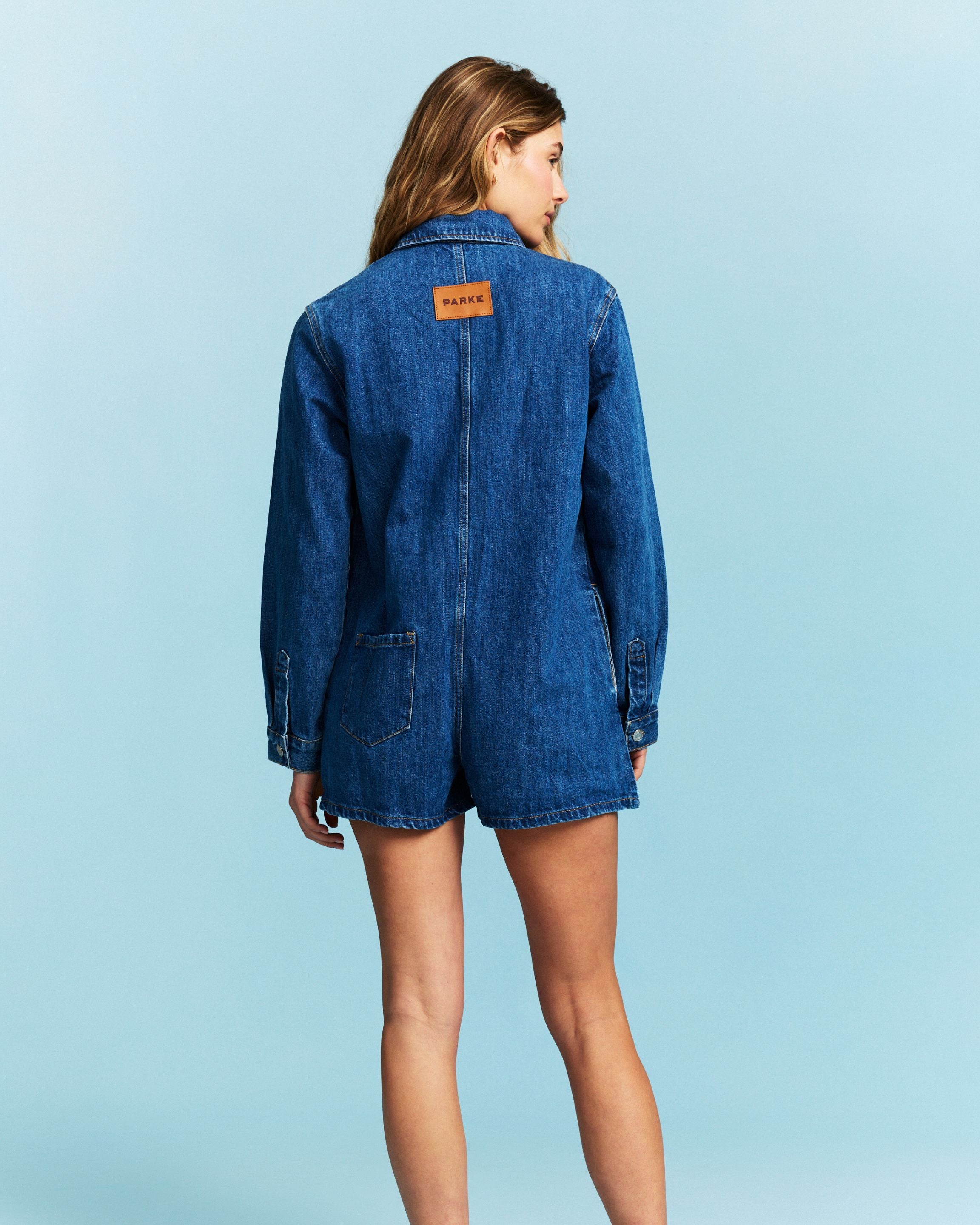 Long Sleeve Denim Romper - Medium Wash – PARKE