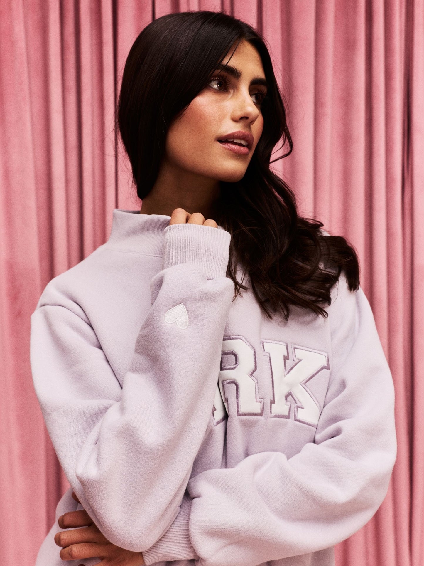 girl wearing Valentine's Varsity Mockneck -lavender + white