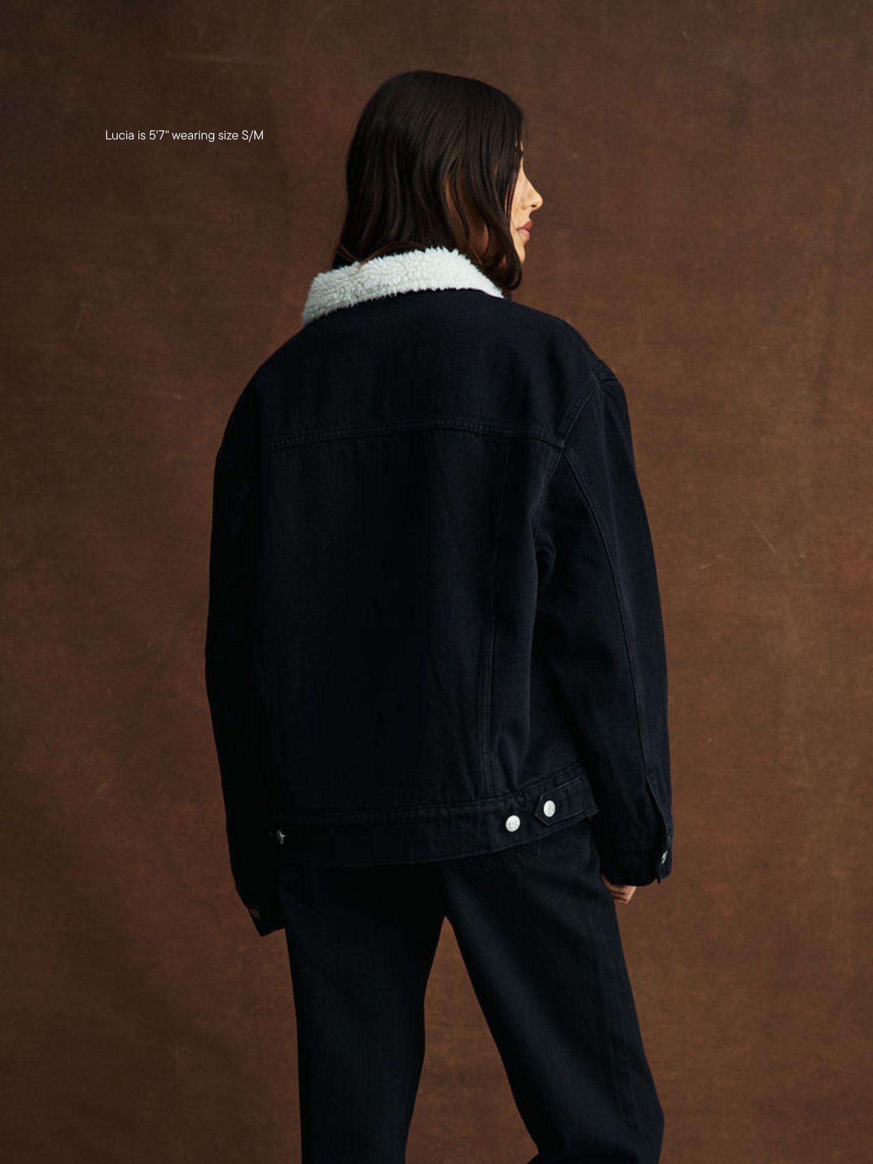 girl wearing Oversized Sherpa Lined Denim Jacket -black