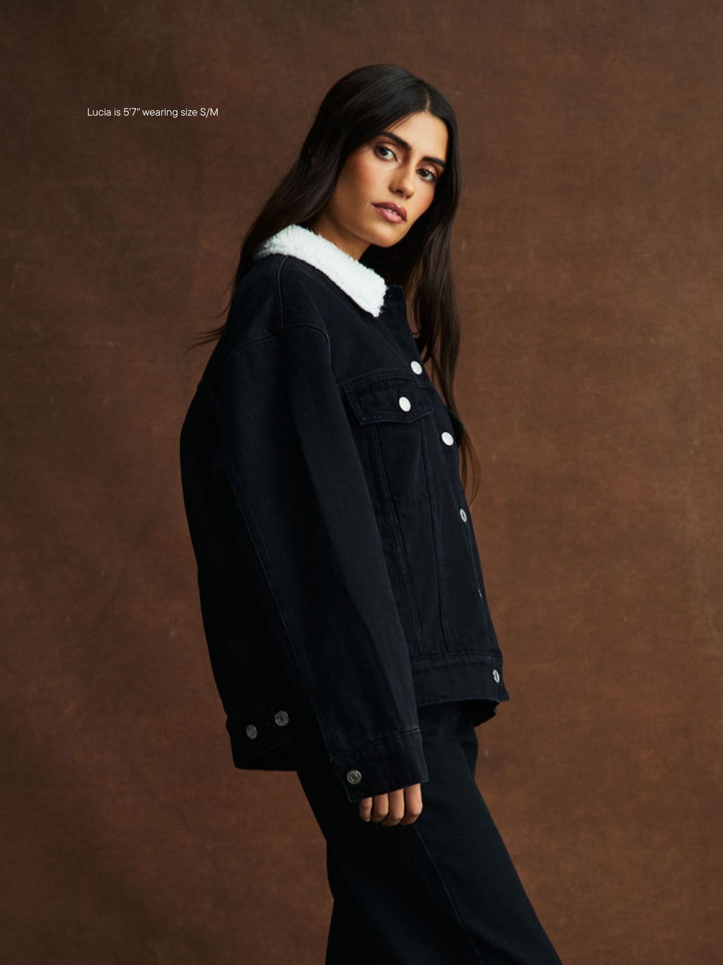 girl wearing Oversized Sherpa Lined Denim Jacket -black