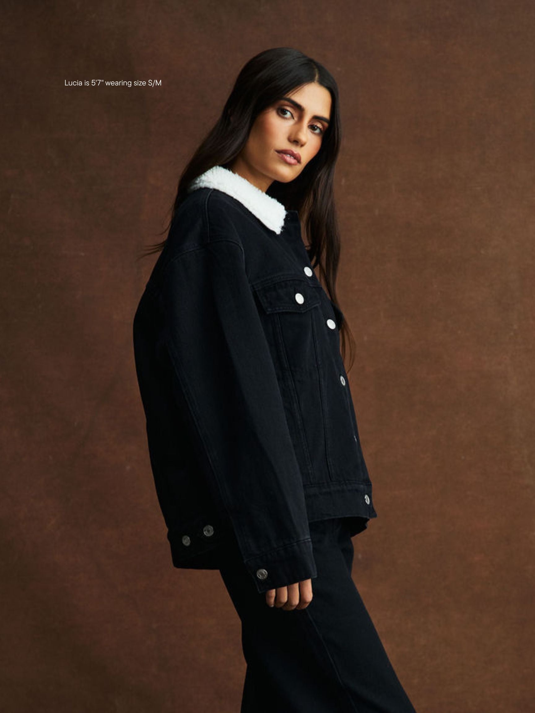 girl wearing Oversized Sherpa Lined Denim Jacket -black