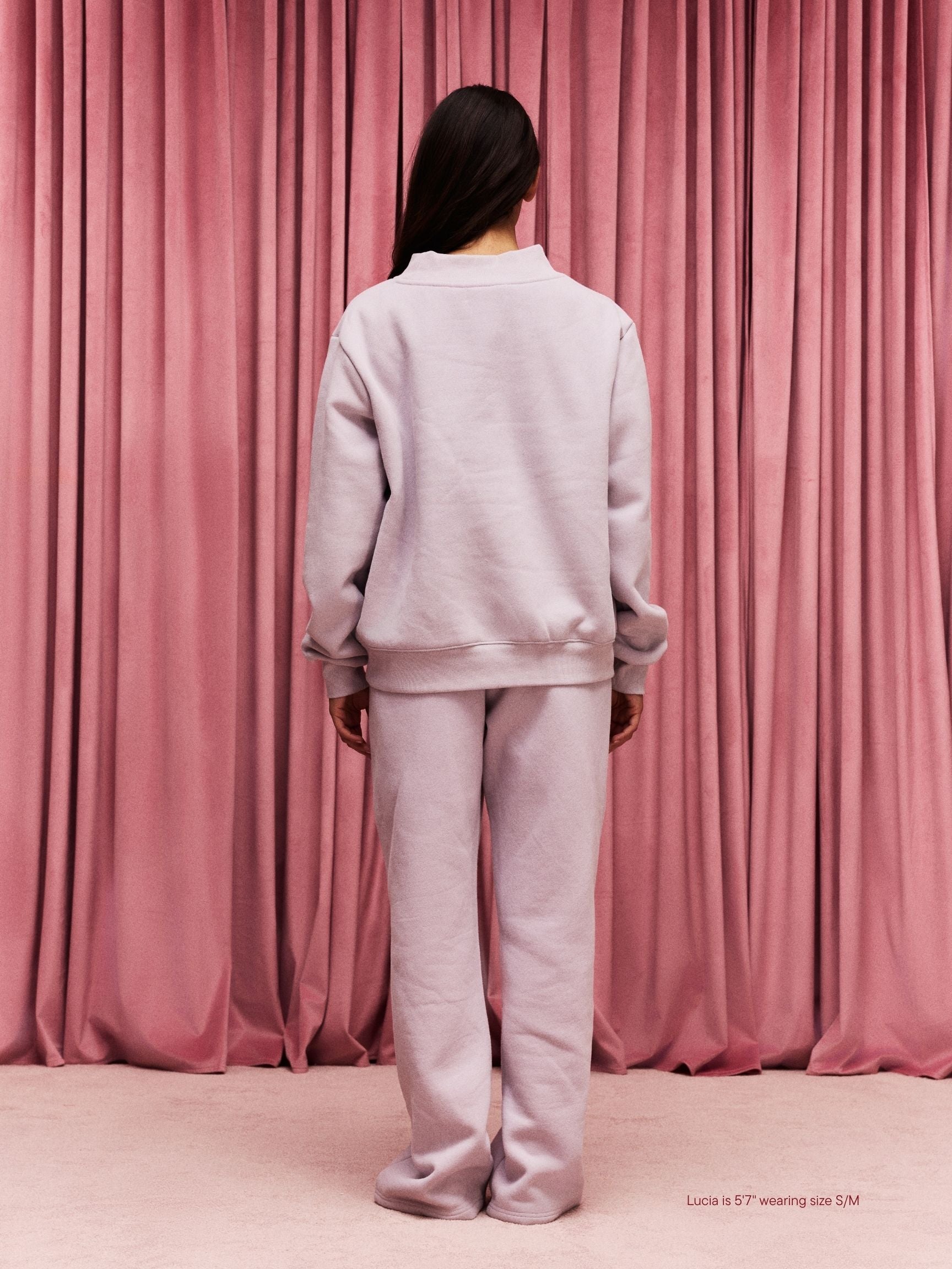 girl wearing Valentine's Varsity Mockneck -lavender + white