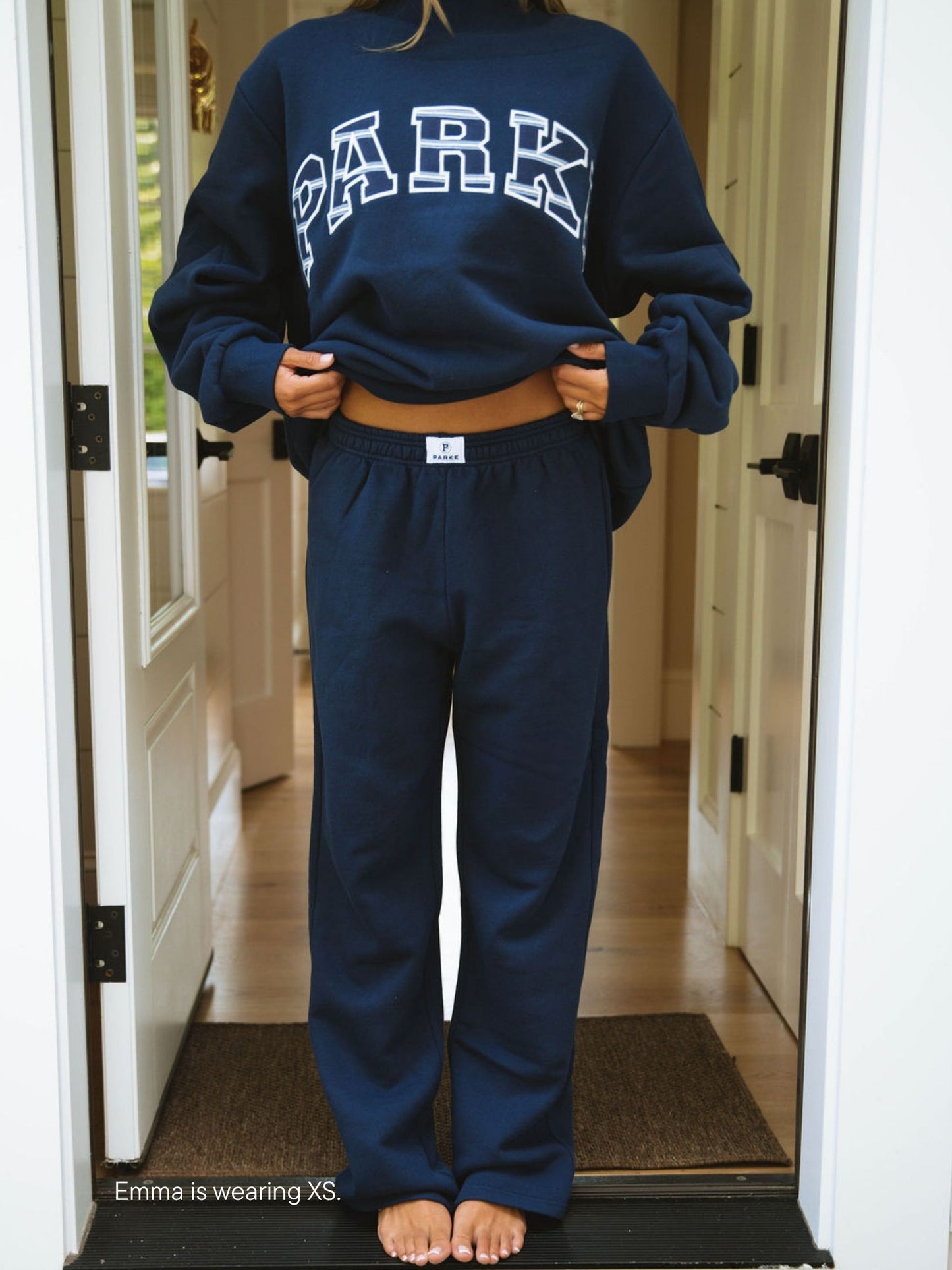 girl wearing Maggie & Emma Heritage Boxer Sweatpants -denim