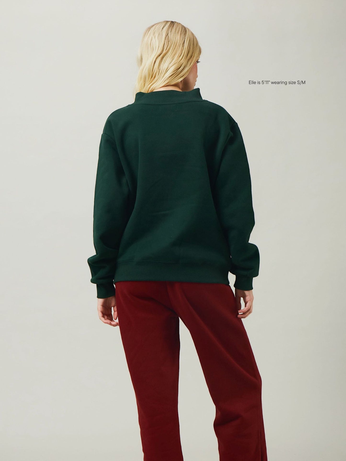 girl wearing Holiday Varsity Mockneck -forest + maroon 