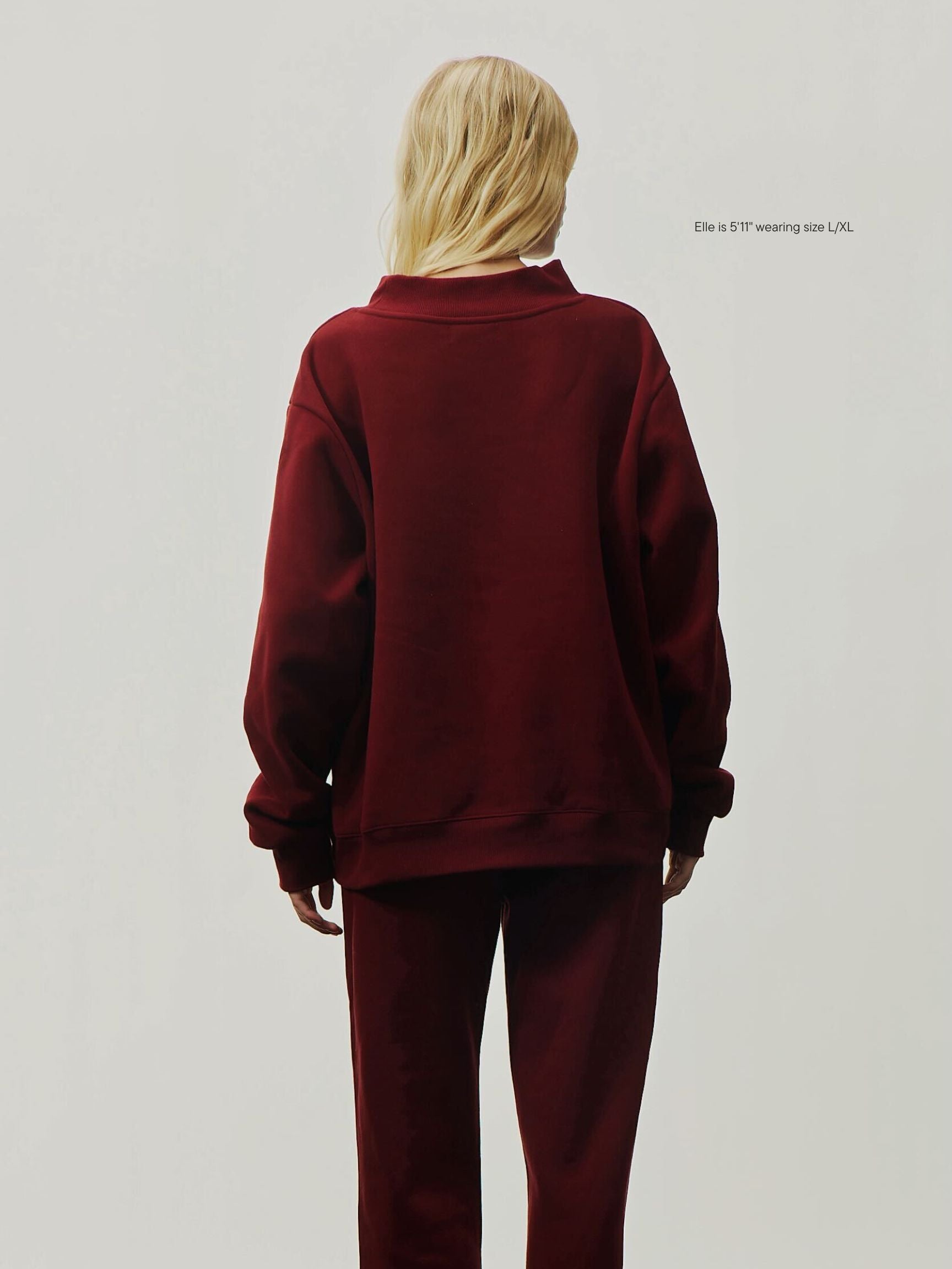 girl wearing Holiday Plaid Varsity Mockneck -maroon + plaid