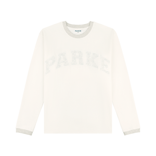 girl wearing hometown varsity long sleeve t-shirt -classic grey