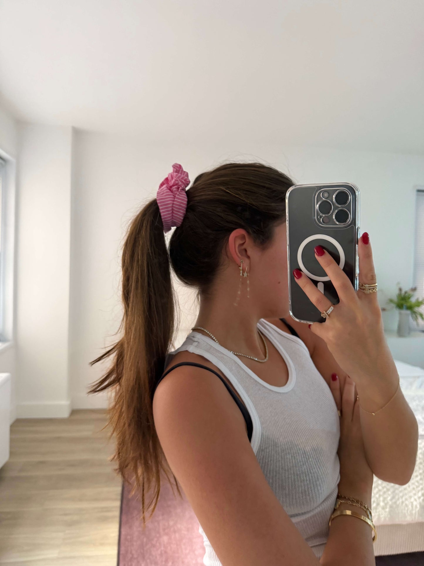 girl wearing pink stripe scrunchie -pink stripe