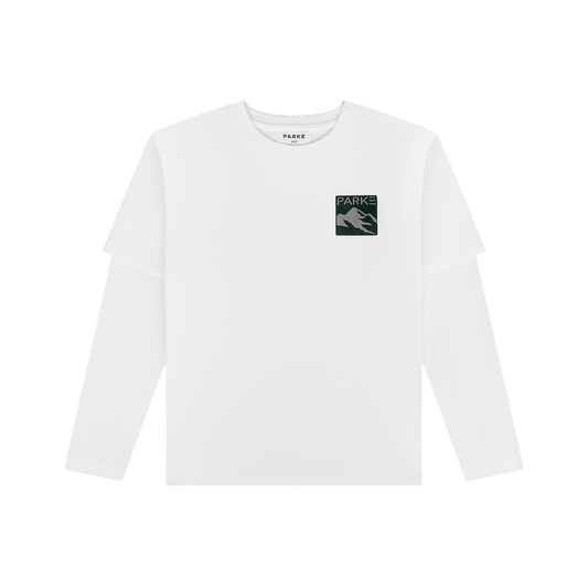 Layered Graphic Long Sleeve Shirt - White + Patch