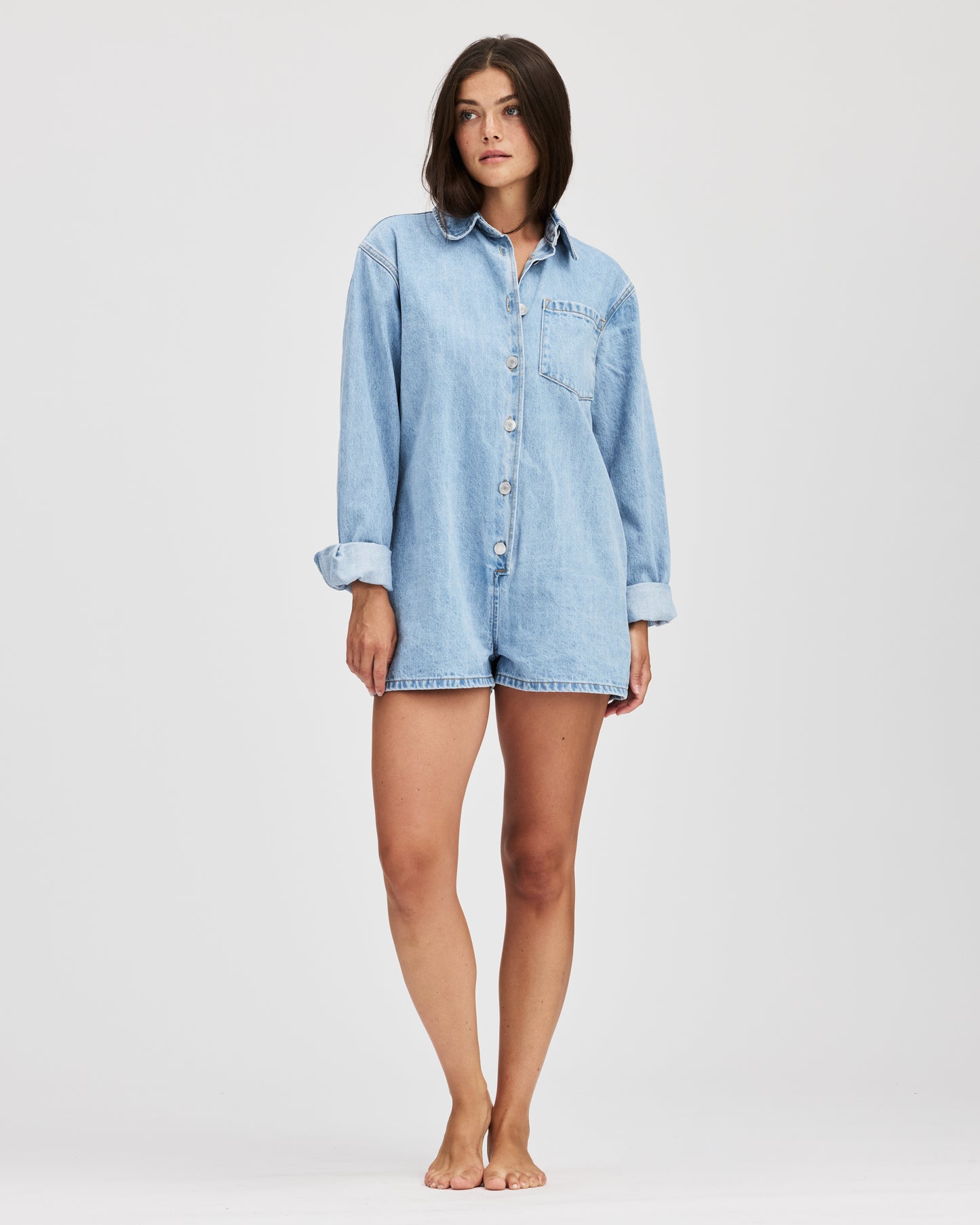 Light Wash Long Sleeve Denim Romper