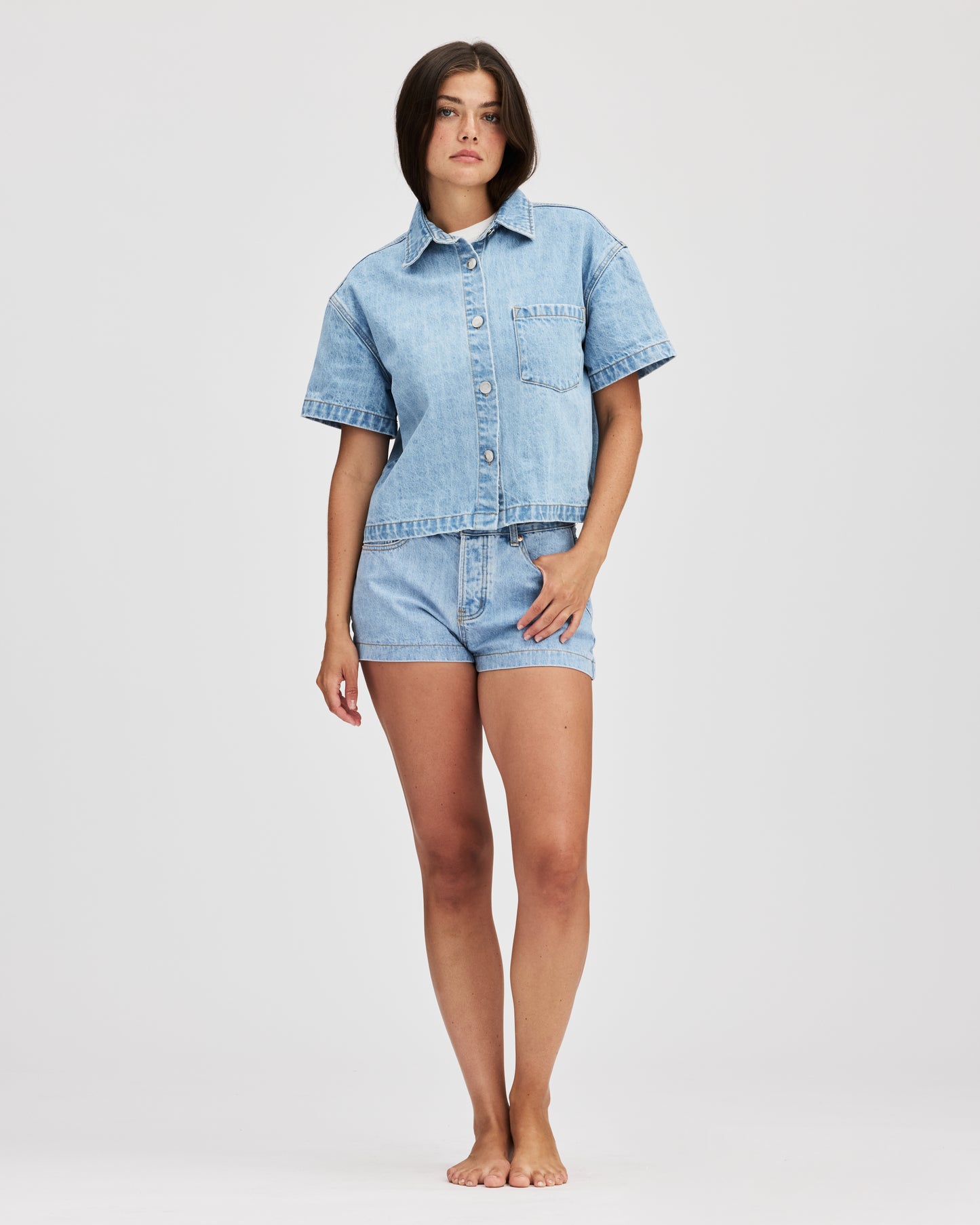 Cropped Short Sleeve Denim Shirt