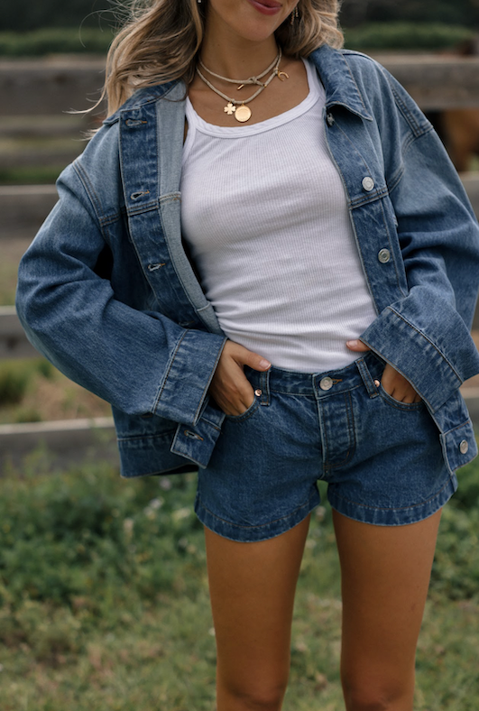 girl wearing med wash denim mini shorts -med wash