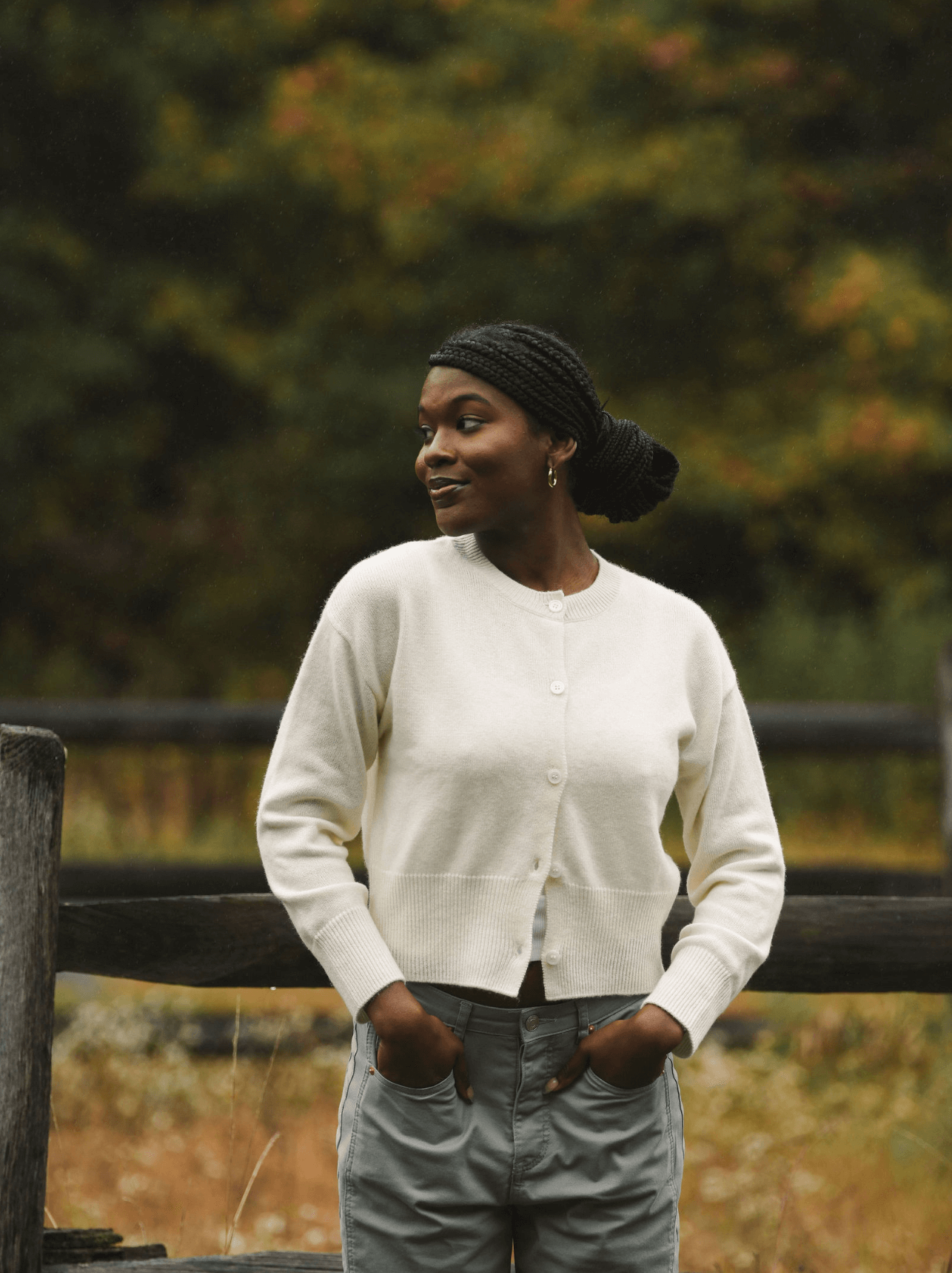 girl wearing cream cardigan- cream