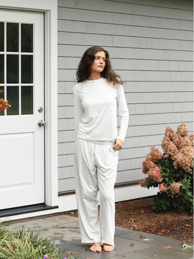 full body image of model wearing classic grey cotton boxer pants- classic grey